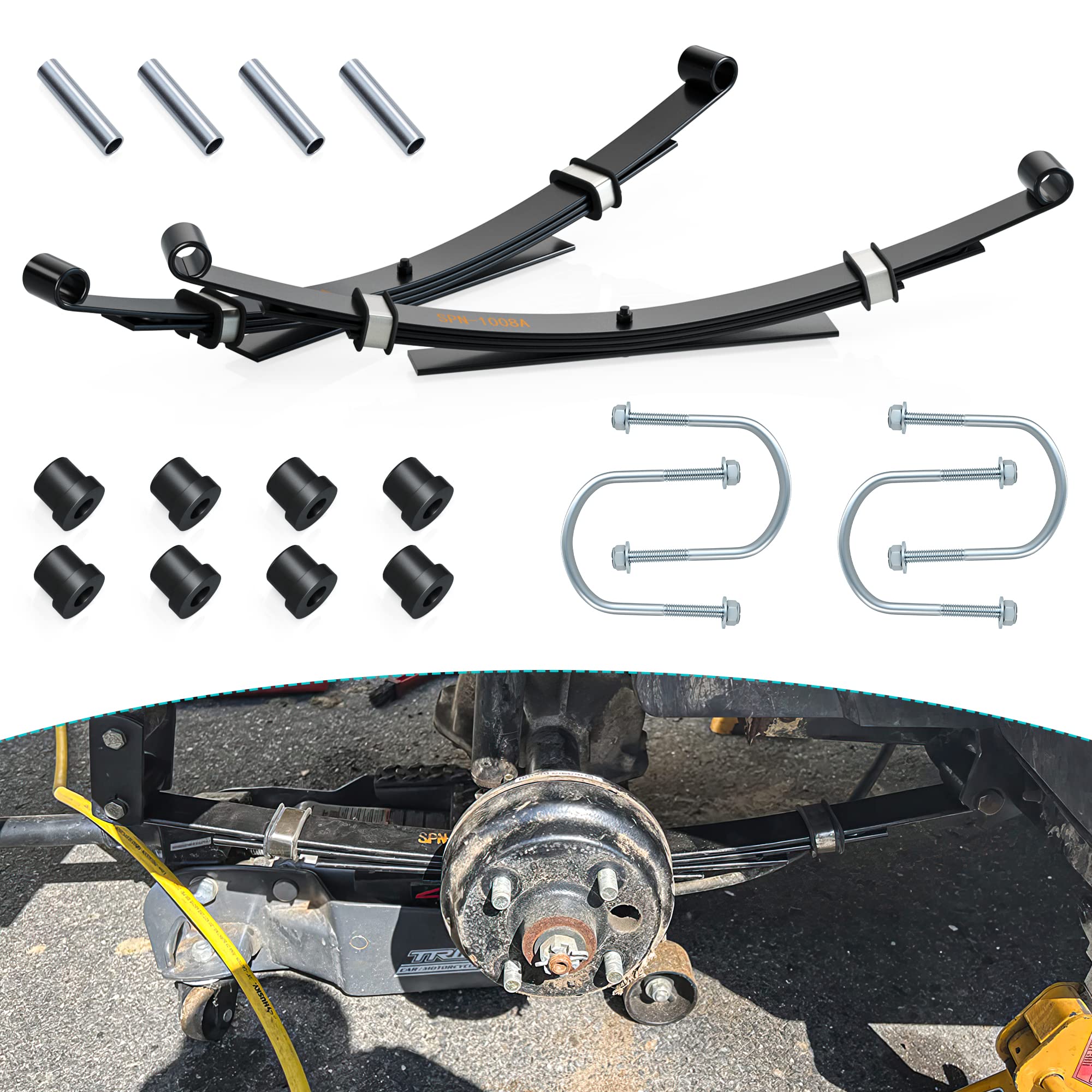 Heavy Duty 4-Leaf Rear Springs for Club Car DS Golf Cart (1982-Up Gas & Electric Models) - Replacement Leaf Spring Kit with Bushings, Sleeves & U-Bolt 1014675 - Perfect for Golf Course Maintenance & Off-Road Utility Vehicles