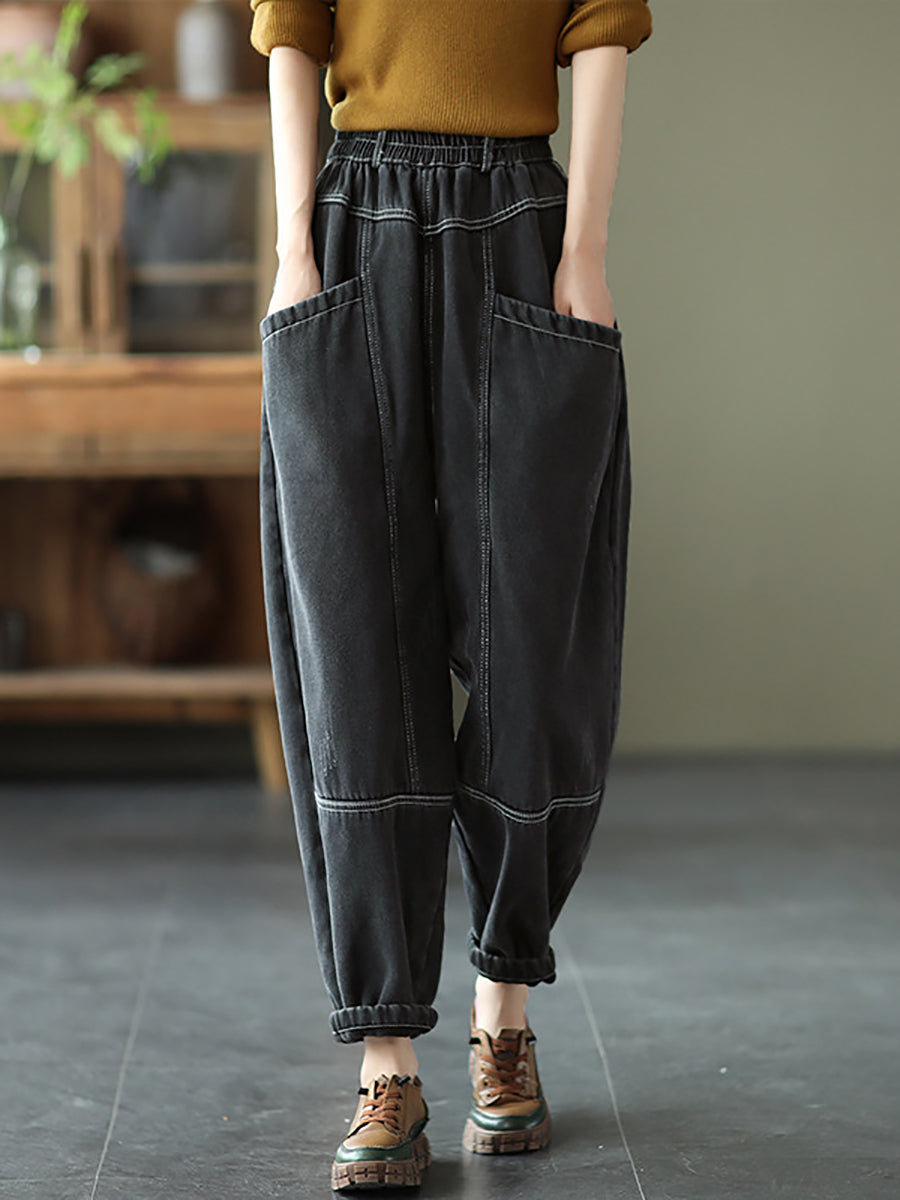 Plus Size Women's Retro Distressed Denim Fleece Lined Pants - High Waisted Stretch Jeans for Winter Warmth & Comfort - Perfect for Casual Outfits, Workwear & Cold Weather Fashion