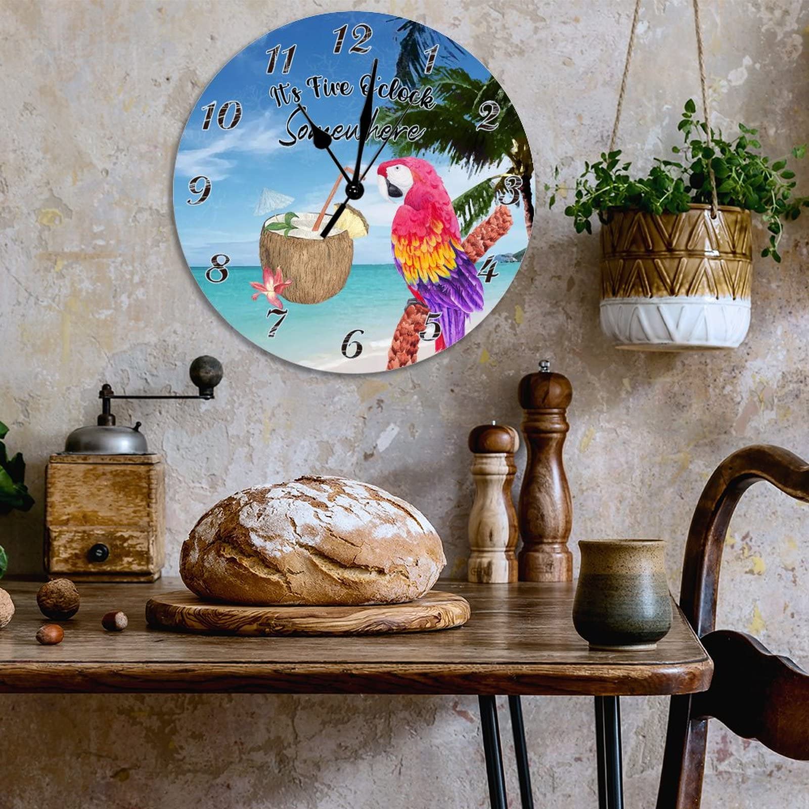 10 Inch Tropical Coconut Parrot Toucan Floral Wall Clock - Silent Battery Operated Wooden Wall Clock with Hawaii Flower Bird Design - Perfect for Beach House Decor, Living Room, Bedroom & Summer Themed Spaces
