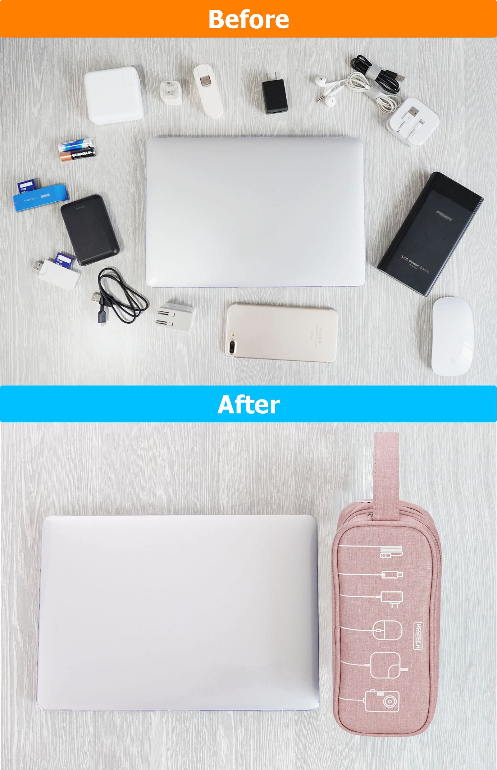 HESTECH Waterproof Electronics Organizer Bag - Pink Medium Double Layer Travel Charger Case for Phone, Mouse, Earbuds, USB Drive - Perfect for Office, Travel & Daily Storage Needs