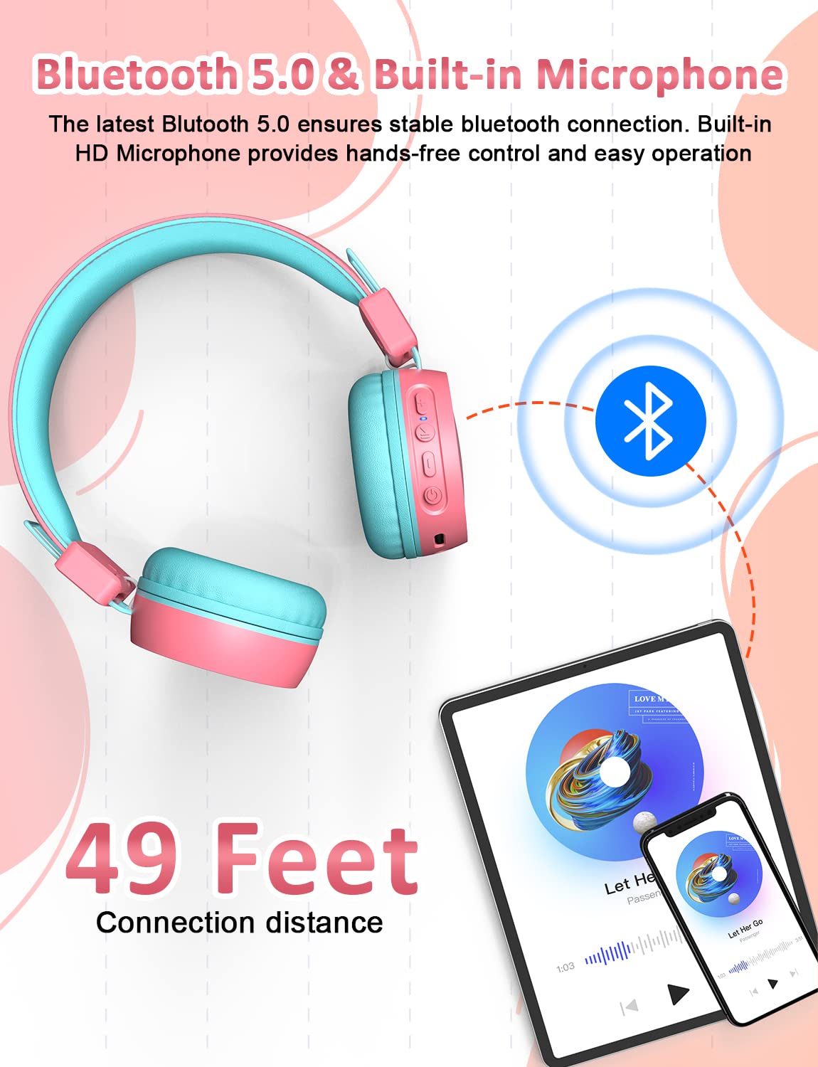 Kids Bluetooth Headphones with Microphone - Wireless On-Ear Headphones for Boys & Girls, Bluetooth 5.0, 32H Playtime, 94dB Volume Limit - Compatible with iPad, Fire Tablet (Pink) - Perfect for School, Online Classes & Travel