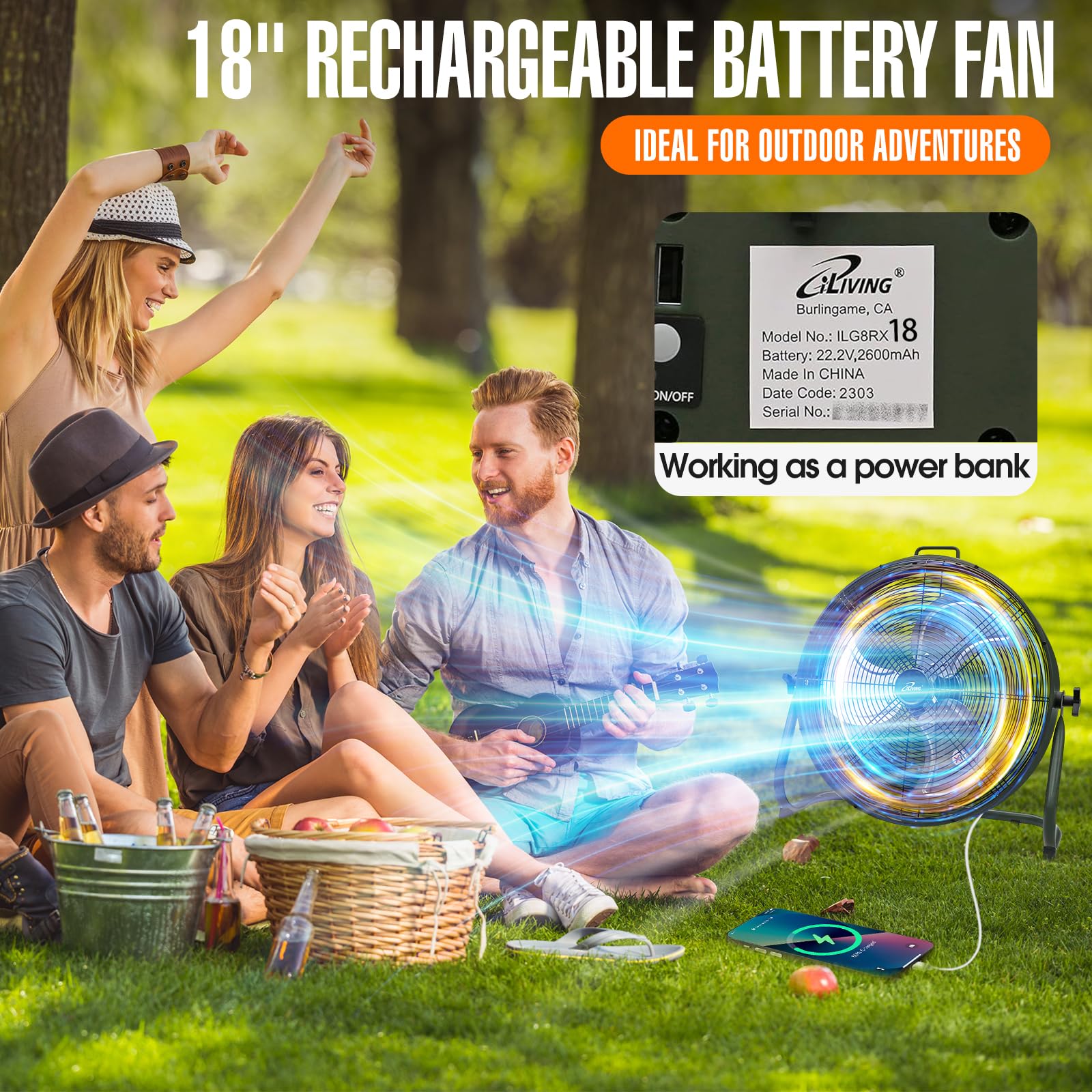 iLiving 18 Inch Rechargeable Battery Operated High Velocity Camping Fan - Portable Outdoor Floor Fan with Metal Blades & Built-in Lithium Battery - Perfect for Camping, Hiking, Backyard, Patio, and Emergency Use - Military Green