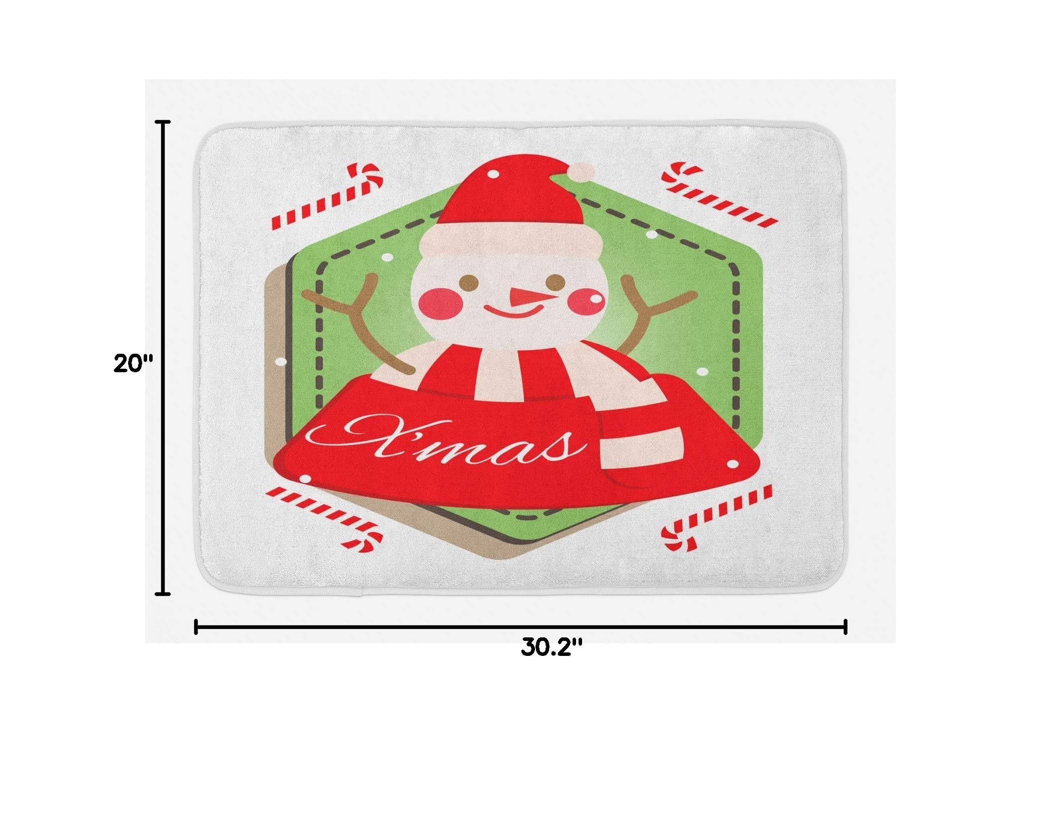 Ambesonne Christmas Bath Mat - Funny Santa Snowman Design with Xmas Lettering & Candy Canes - Non-Slip Plush Bathroom Rug 30x20 Inches Pistachio Green Vermilion - Perfect Holiday Decor for Bathroom, Kitchen or Festive Home Entryway