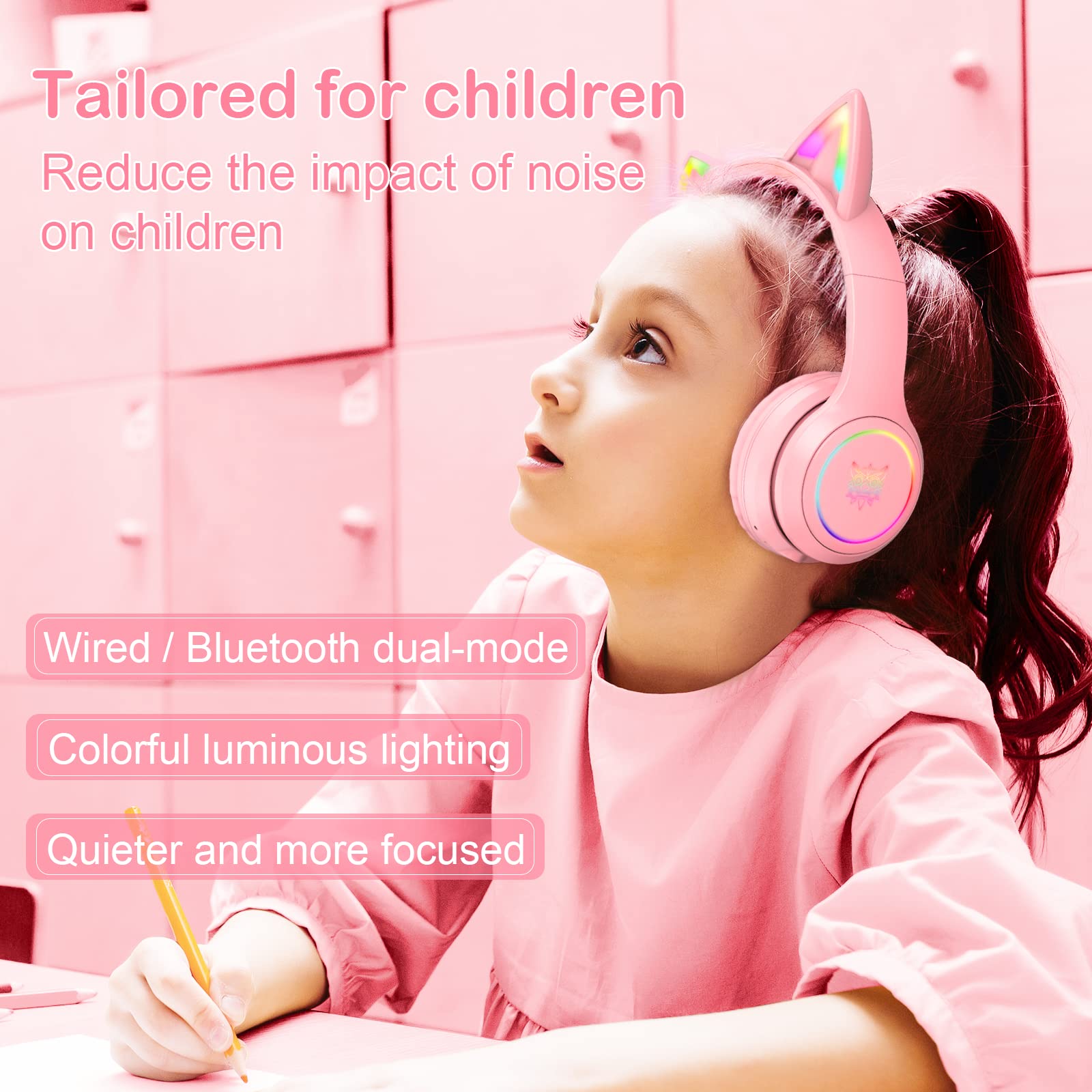PHNIXGAM Bluetooth Cat Ear Headphones for Kids - Wireless & Wired Foldable Headset with Microphone, RGB LED Lights, Adjustable Volume - Perfect for School, Gaming, Travel, and Online Classes - Compatible with iPhone, Android, PC, Tablet (Pink/Blue)