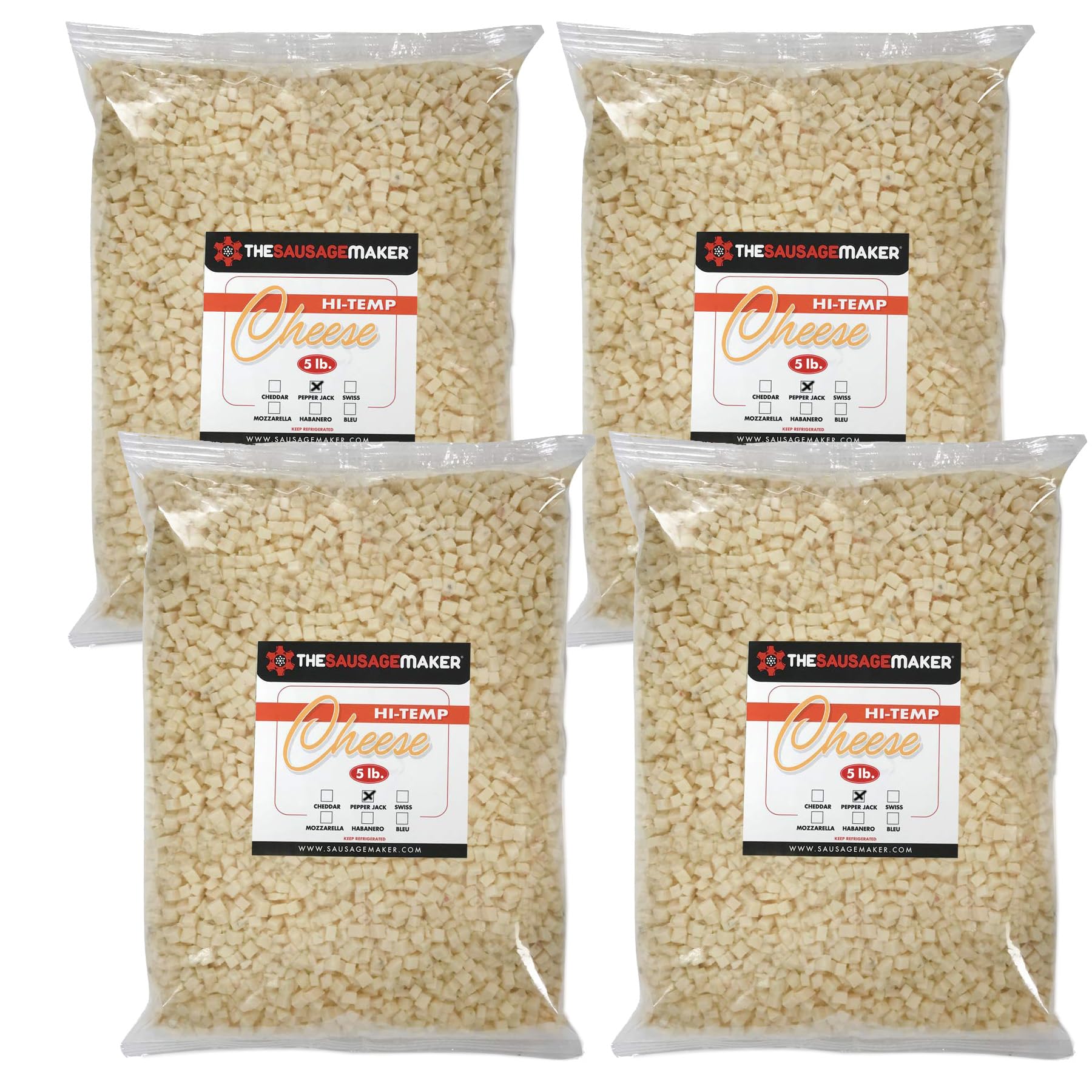 High Temp Pepper Jack Cheese 20 Lbs - Heat Resistant 400°F Sausage Making Cheese - 1/4