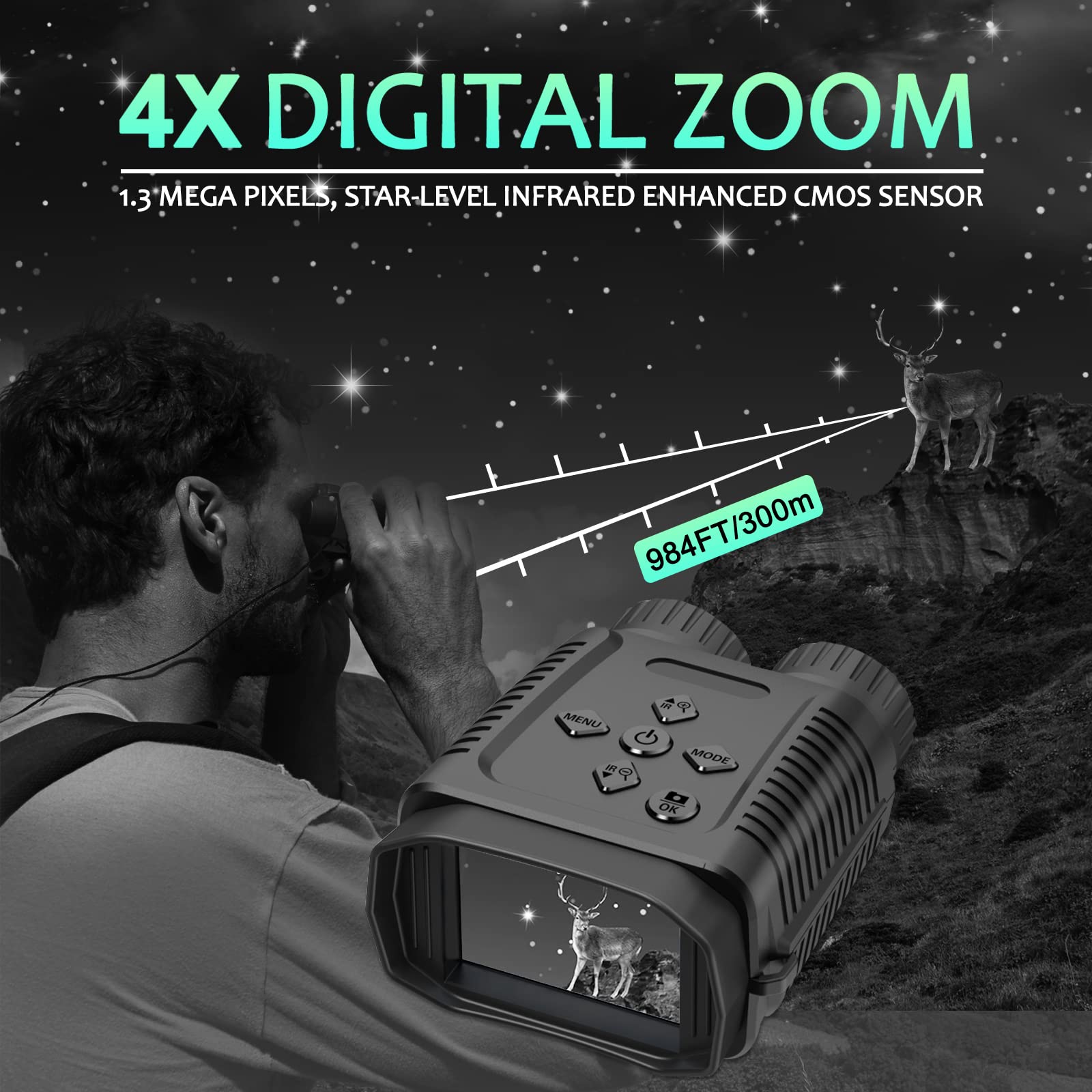 Mini Night Vision Goggles with 1080P HD & 12MP Starlight Camera - 300M Long Range, 2.4