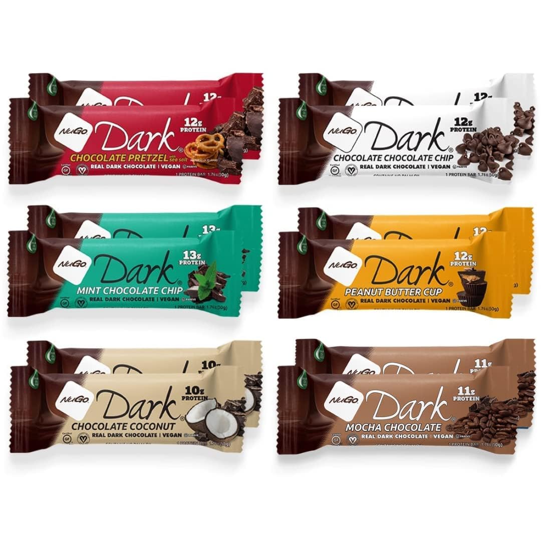 Nugo Dark Chocolate Vegan Protein Bars Variety Pack - Pretzel, Mint Chocolate Chip, Peanut Butter, Coconut & Mocha Flavors | Gluten Free, 200 Calories per Bar | 12 Count for Snacking, Hiking & Post-Workout Recovery | Healthy Plant-Based Snack for Office, Gym & Outdoor Adventures