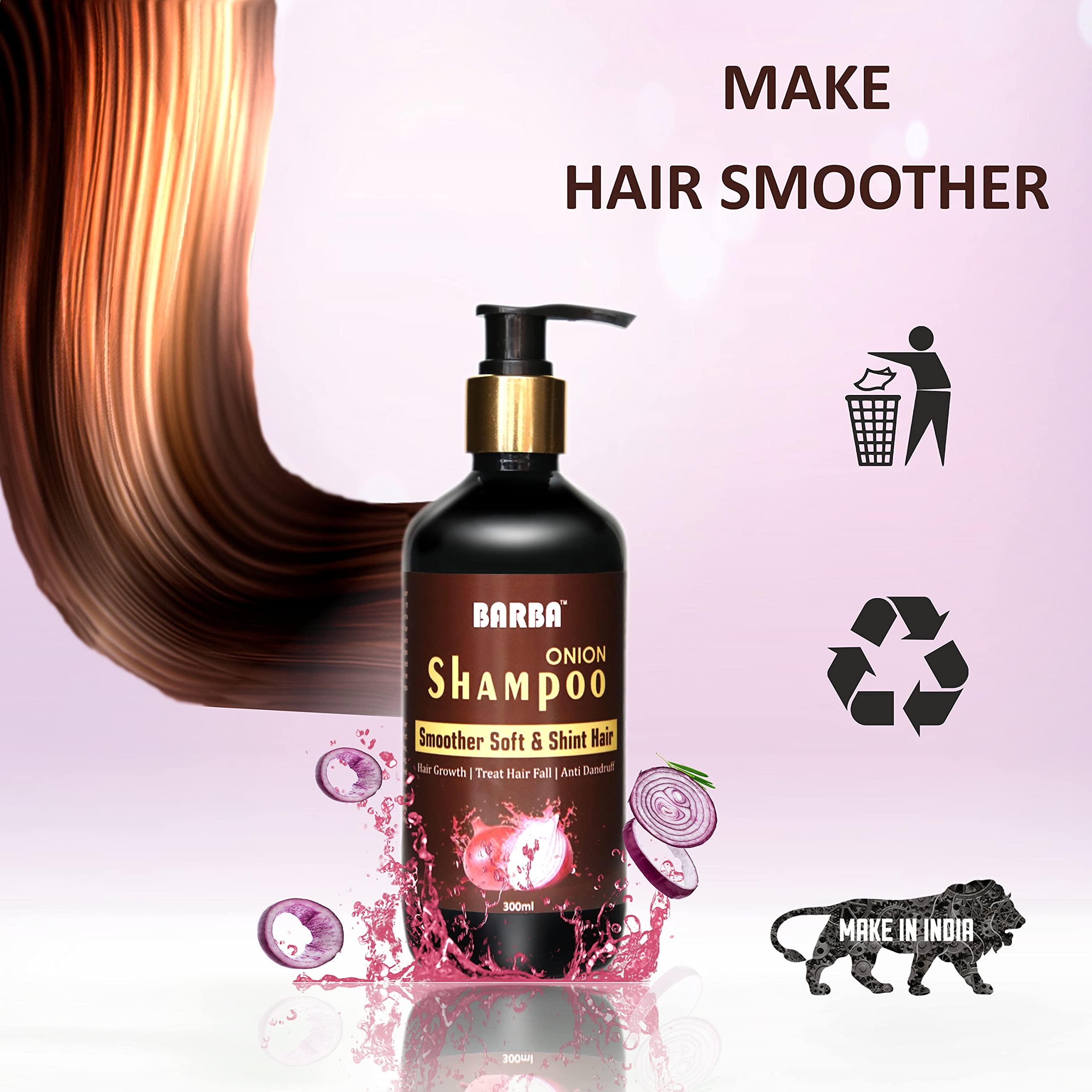 Barba Red Onion Shampoo for Hair Growth - Anti Hair Fall & Dandruff Treatment - Smoother, Softer & Shinier Hair - Daily Use for Men & Women (300ml) - Perfect for Damaged Hair Care & Scalp Nourishment at Home