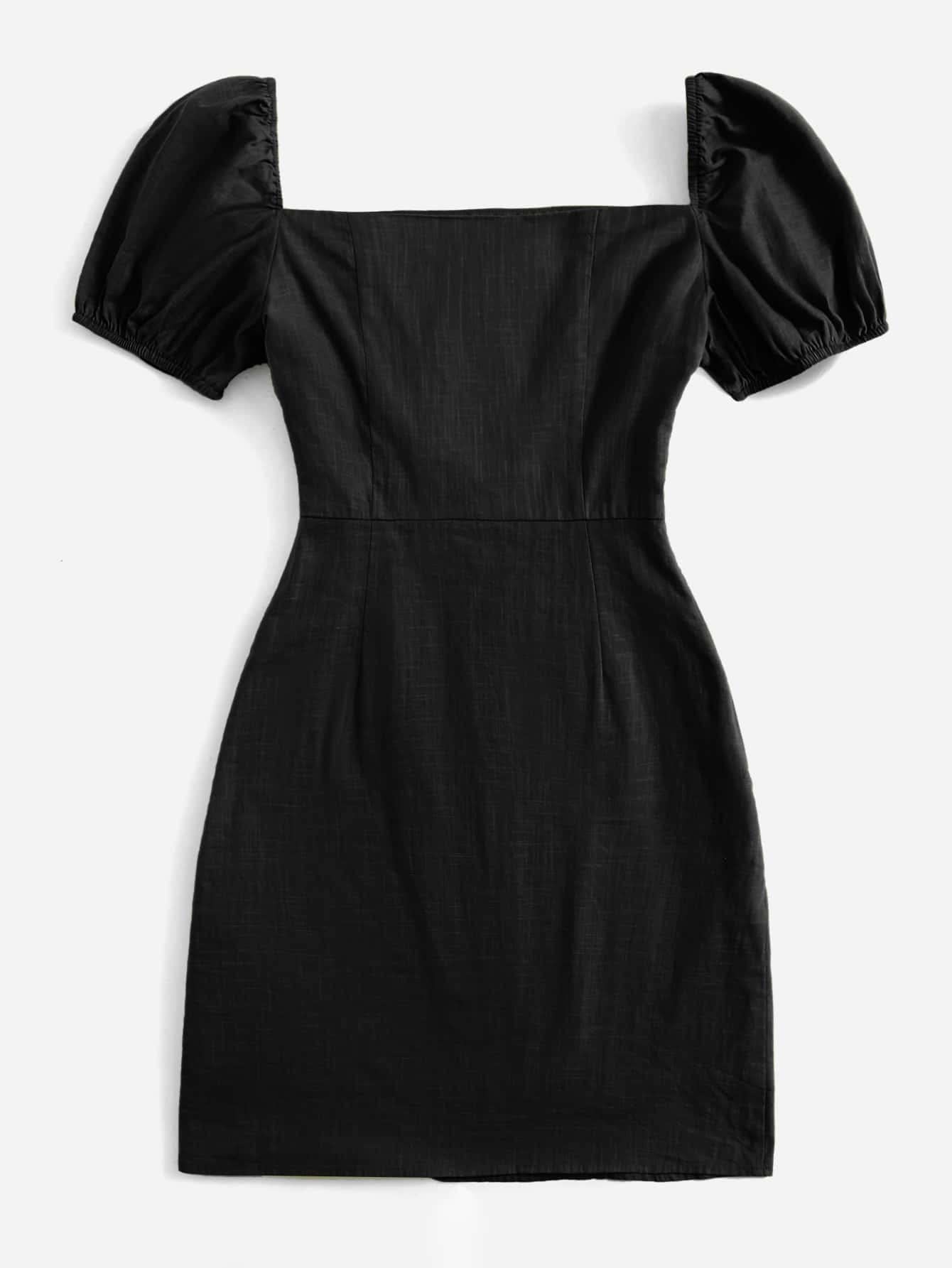 Elegant Women's Puff Sleeve Zip Side Dress Slim Fit Black X-Large - Perfect for Cocktail Parties, Date Nights & Office Wear