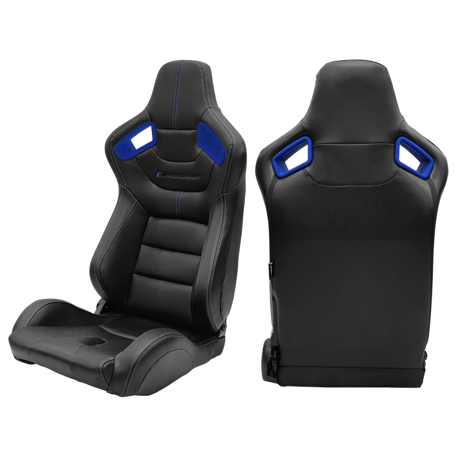 IKON MOTORSPORTS Universal Racing Seats Pair - Black with Blue Stitch & Bezel, PU Carbon Leather Reclinable Bucket Seats with Dual Sliders (Left & Right) - Perfect for Sports Cars, Drifting, Track Racing & Automotive Enthusiasts