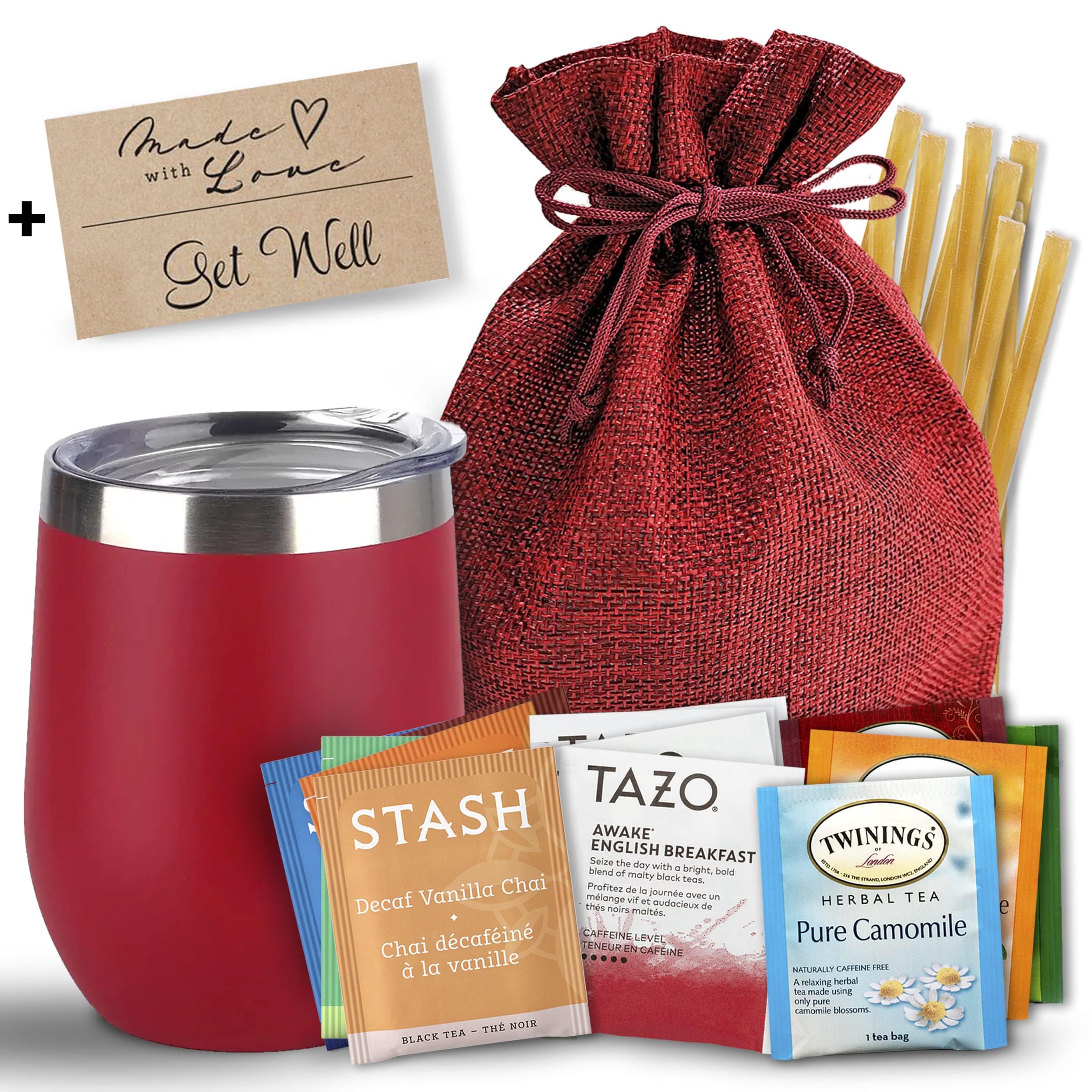 Premium Bellina Tea Gift Basket Set - Luxury Get Well Care Package for Women & Men with Insulated Cup, 20 Assorted Teas, 10 Honey Straws, Gift Tag & Bag - Perfect for Hospital Recovery, Housewarming, Birthday & Holiday Gifts