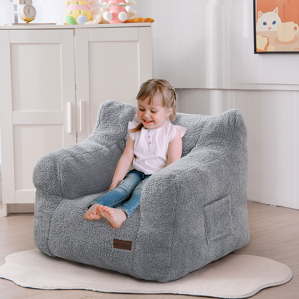 MAXYOYO Kids Sherpa Bean Bag Chair - Soft Teddy Lazy Sofa for Boys & Girls, Grey - Cozy Reading Nook & Playroom Seating for Children's Bedroom