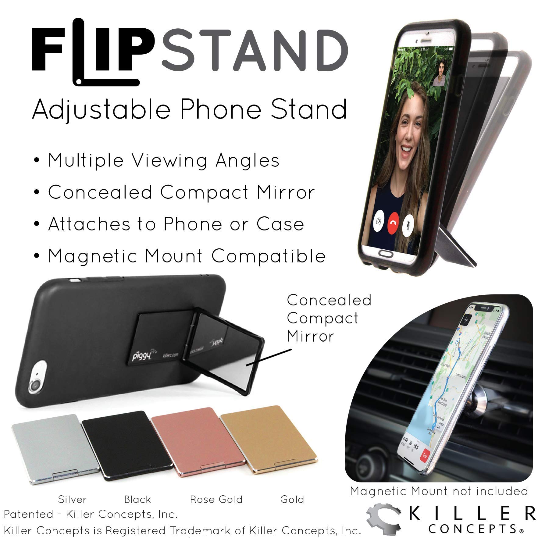 Adjustable Flip Stand Phone Holder with Grip & Mirror - Rose Gold Magnetic Phone Stand for Car Mount | Perfect for Hands-Free Viewing, Video Calls & Driving Navigation