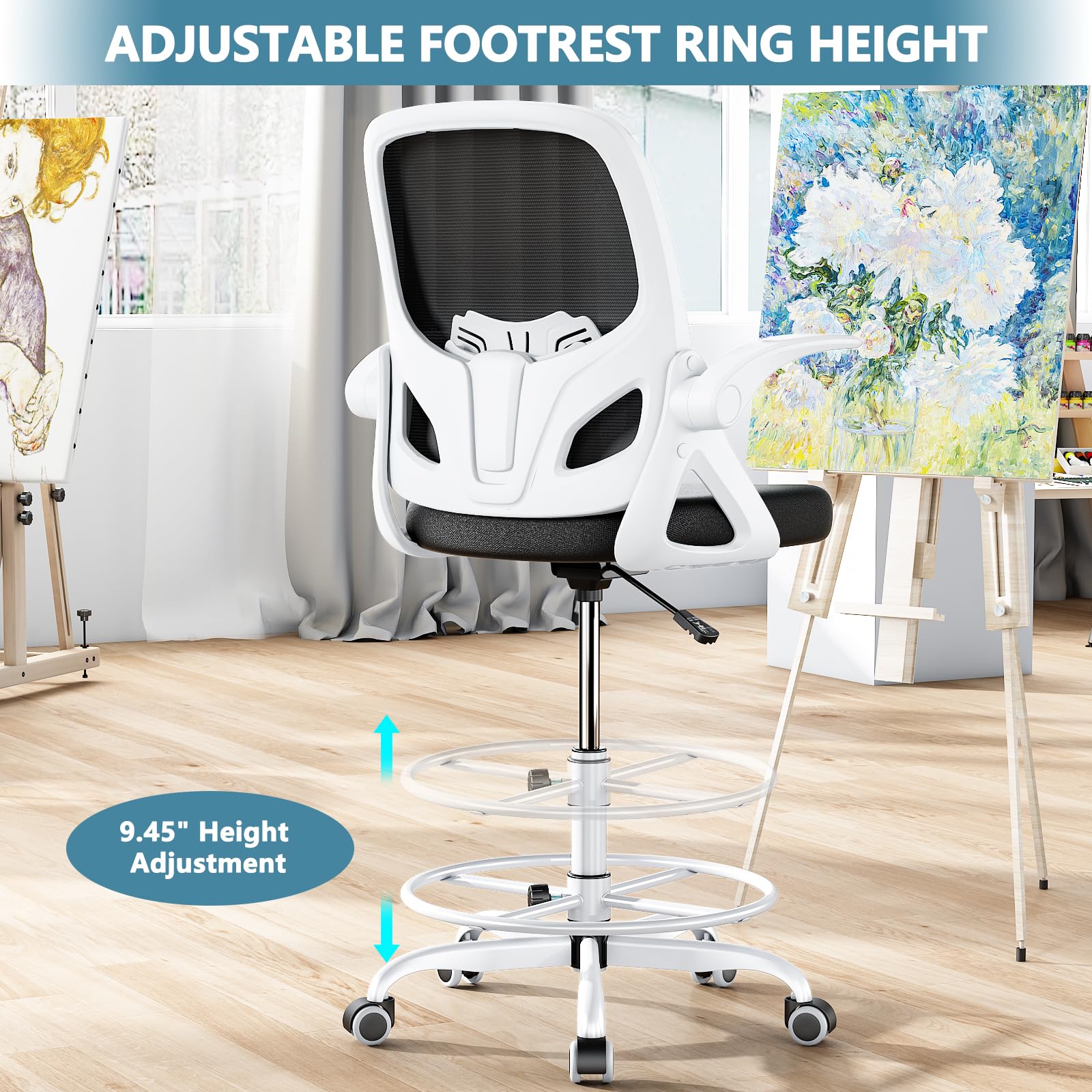 Ergonomic Tall Drafting Chair with Footrest Ring & Lumbar Support - Adjustable Height Office Chair with Flip-Up Arms for Home & Work (White) - Perfect for Architects, Artists, and Extended Computer Work Sessions
