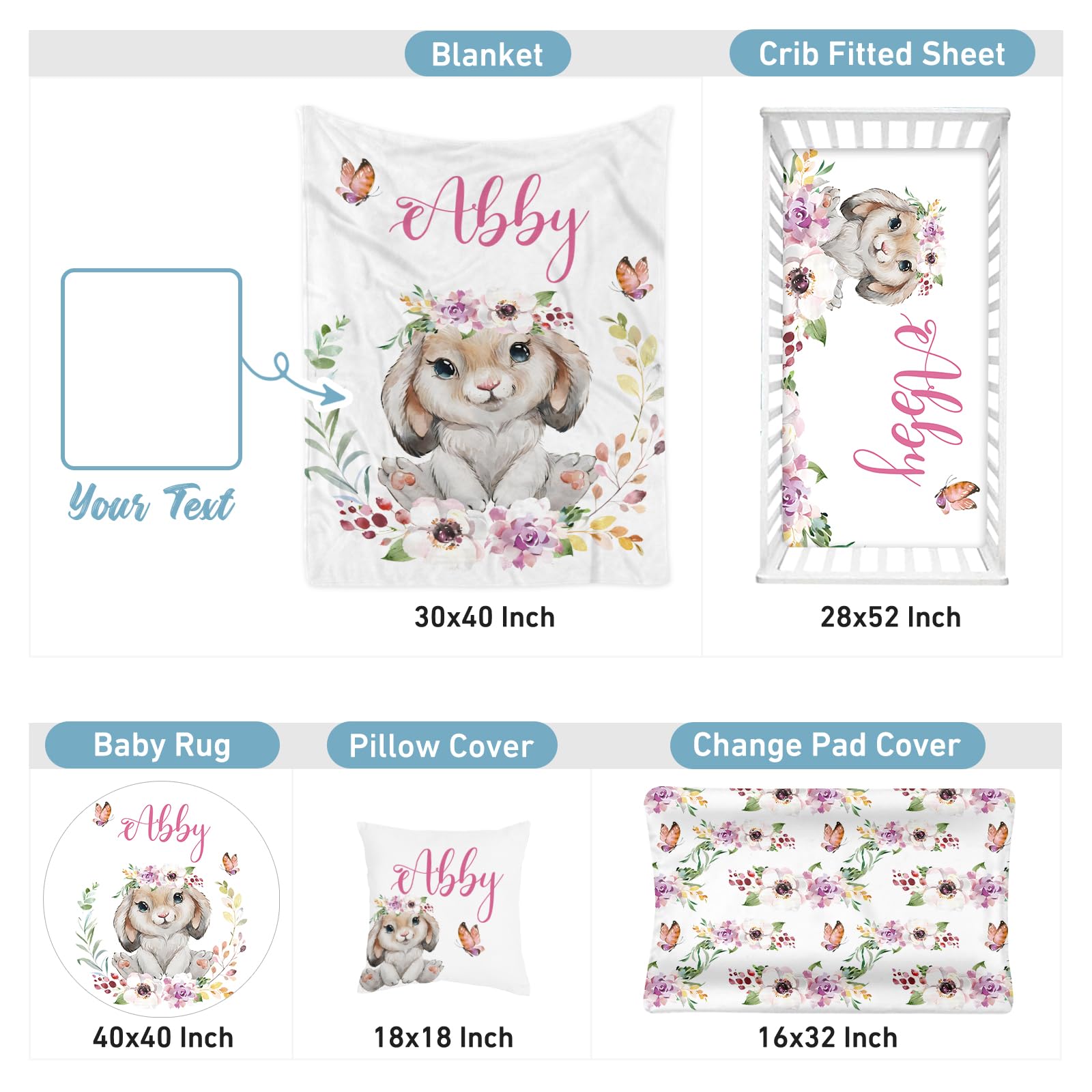 Lanleay Personalized Baby Girl & Boy Crib Bedding Set - 5 Piece White Rabbit Nursery Set with Custom Name, Tummy Time Mat | Soft Infant Bedding for Newborns & Toddlers | Perfect Baby Shower Gift & Nursery Decor