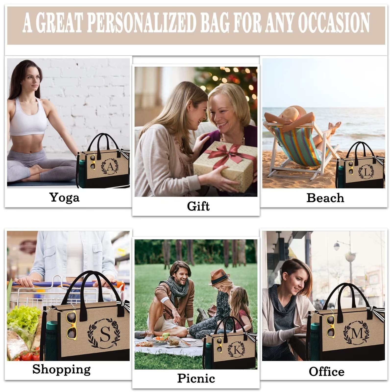 YOOLIFE Personalized Initial Jute Tote Bag for Women - Zipper Pockets & Adjustable Strap - Perfect Birthday Gift, Mother's Day Present & Everyday Use