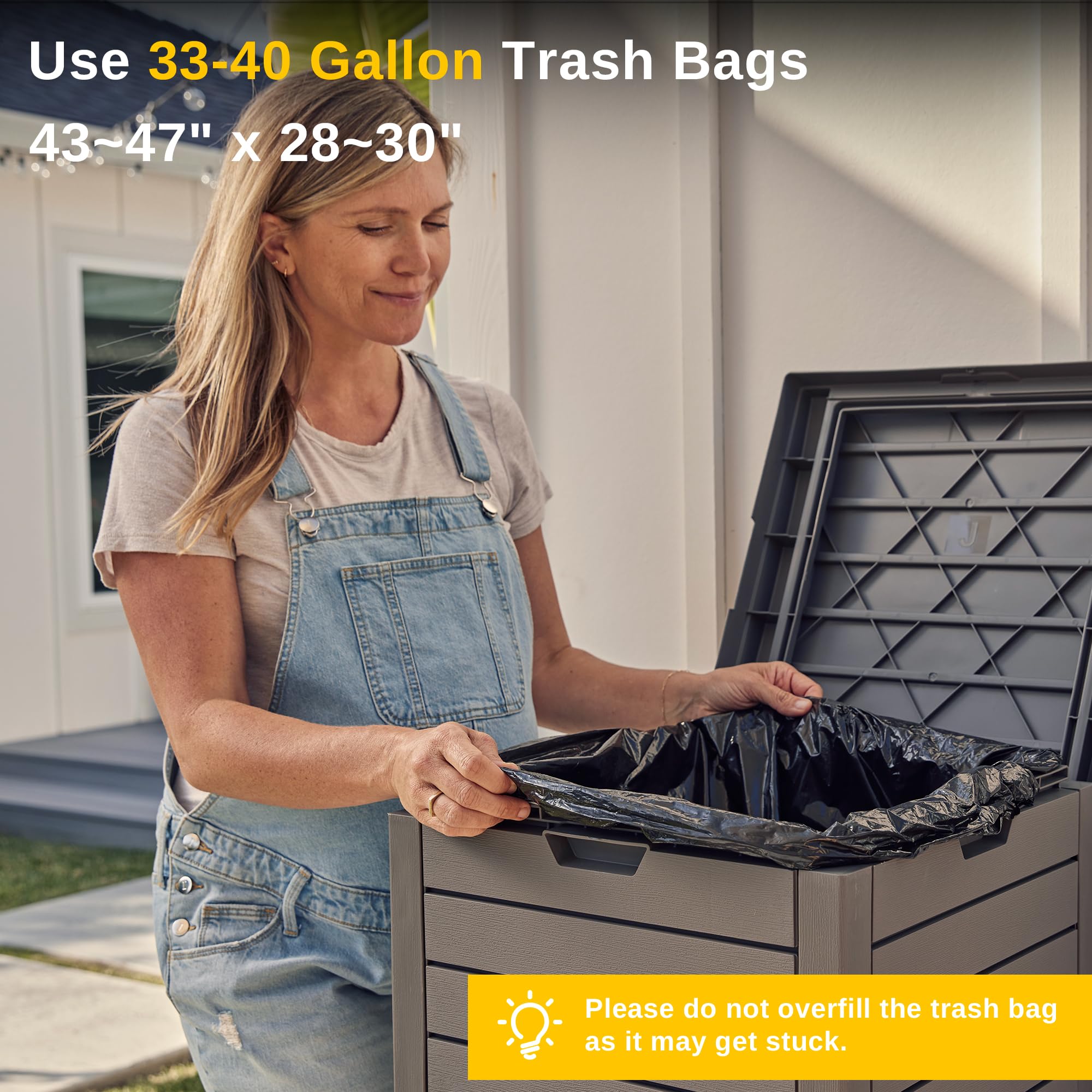 EAST OAK 38 Gallon Outdoor Waterproof Resin Trash Can with Tiered Lid & Drip Tray - Heavy Duty Garbage Bin for Patio, Backyard, Deck & Kitchen - Gray Outdoor Trash Container for Waste Disposal & Recycling