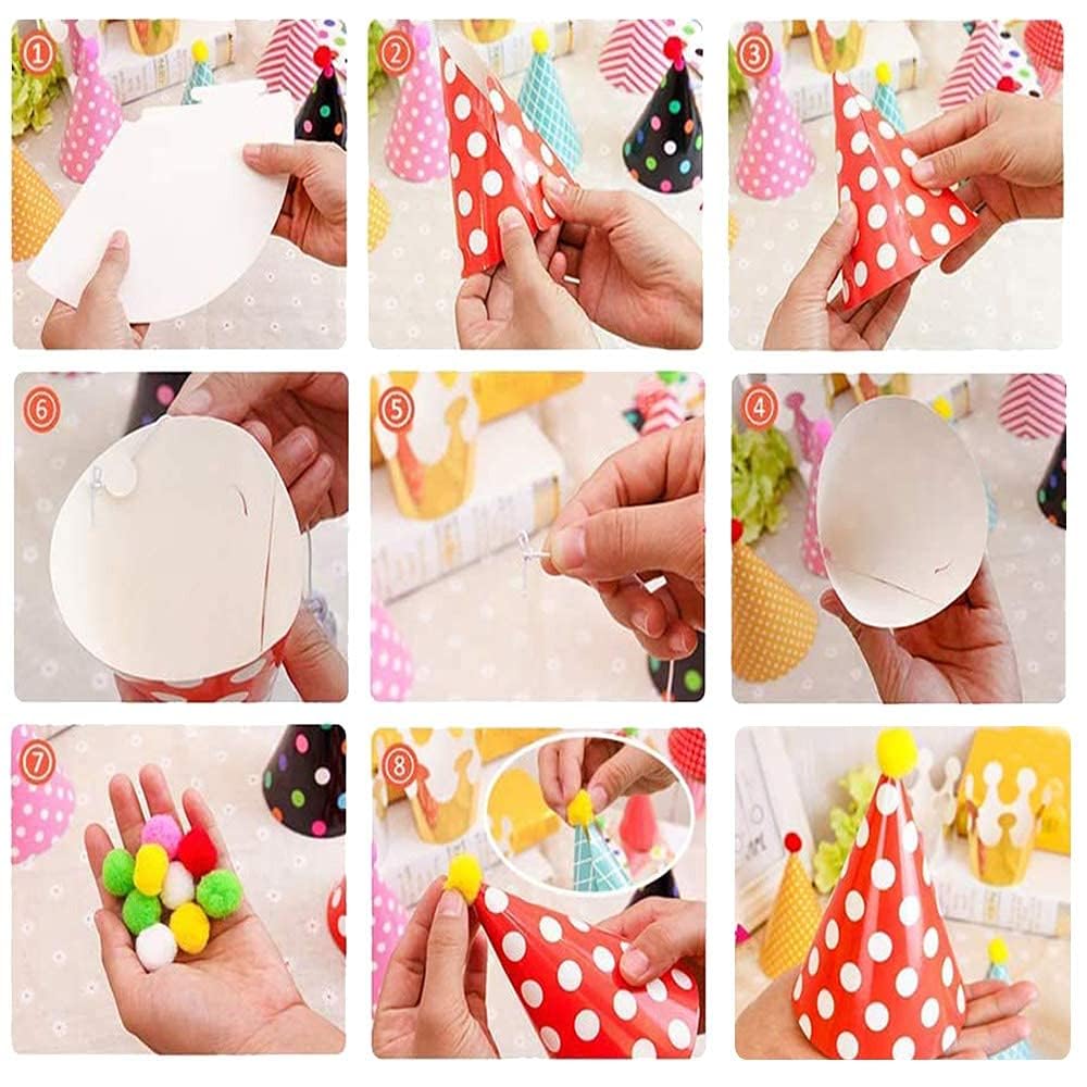 ELakiss 11-Piece Birthday Party Cone Hats Set with Pom Poms - Colorful Paper Cone Hats & Crowns for Kids and Adults (9 Hats + 2 Crowns) - Perfect for Birthday Parties, Baby Showers & Festive Celebrations