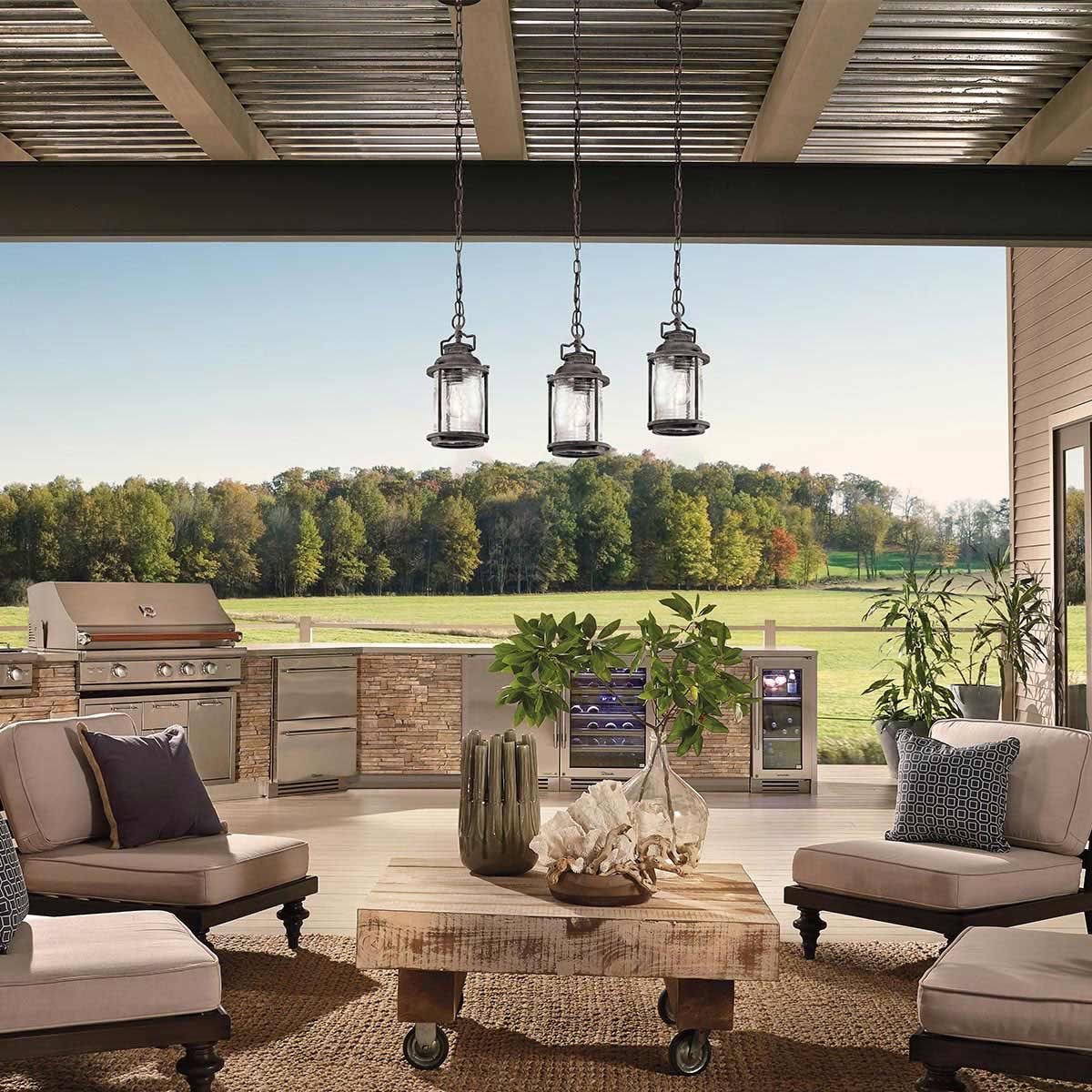 Ashland Bay 1 Light Small Chain Lantern - Burnished Bronze/Weathered Zinc Finish, IP44 Rated, E27 Socket - Perfect for Porch, Patio & Garden Lighting