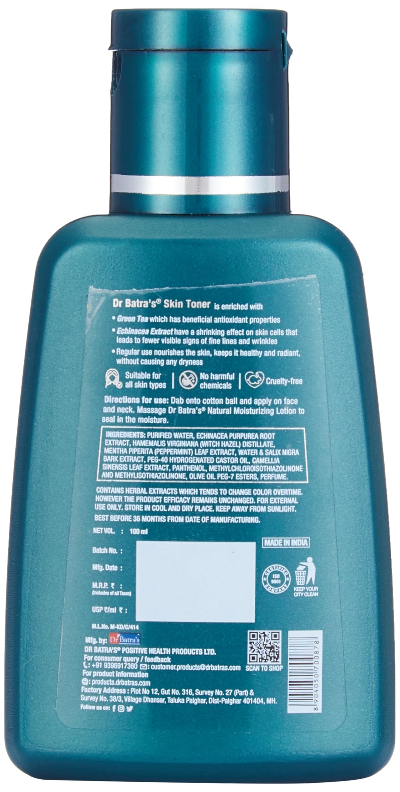 Dr. Batra's Skin Toner with Echinacea & Green Tea - Oil Control & Hydration Facial Toner for Glowing Skin | SLS & Paraben Free | 100ml | Perfect for Daily Skincare Routine & Post-Cleansing Refreshment