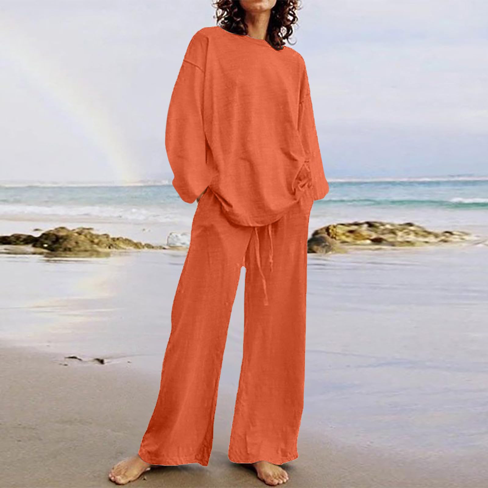 Oelaio Women's Plus Size Brown Pajama Set - 2 Piece Outfit with Pockets, Wide Leg Lounge Pants & Top | Fall Sleepwear, Loungewear for Comfort at Home & Cozy Nights