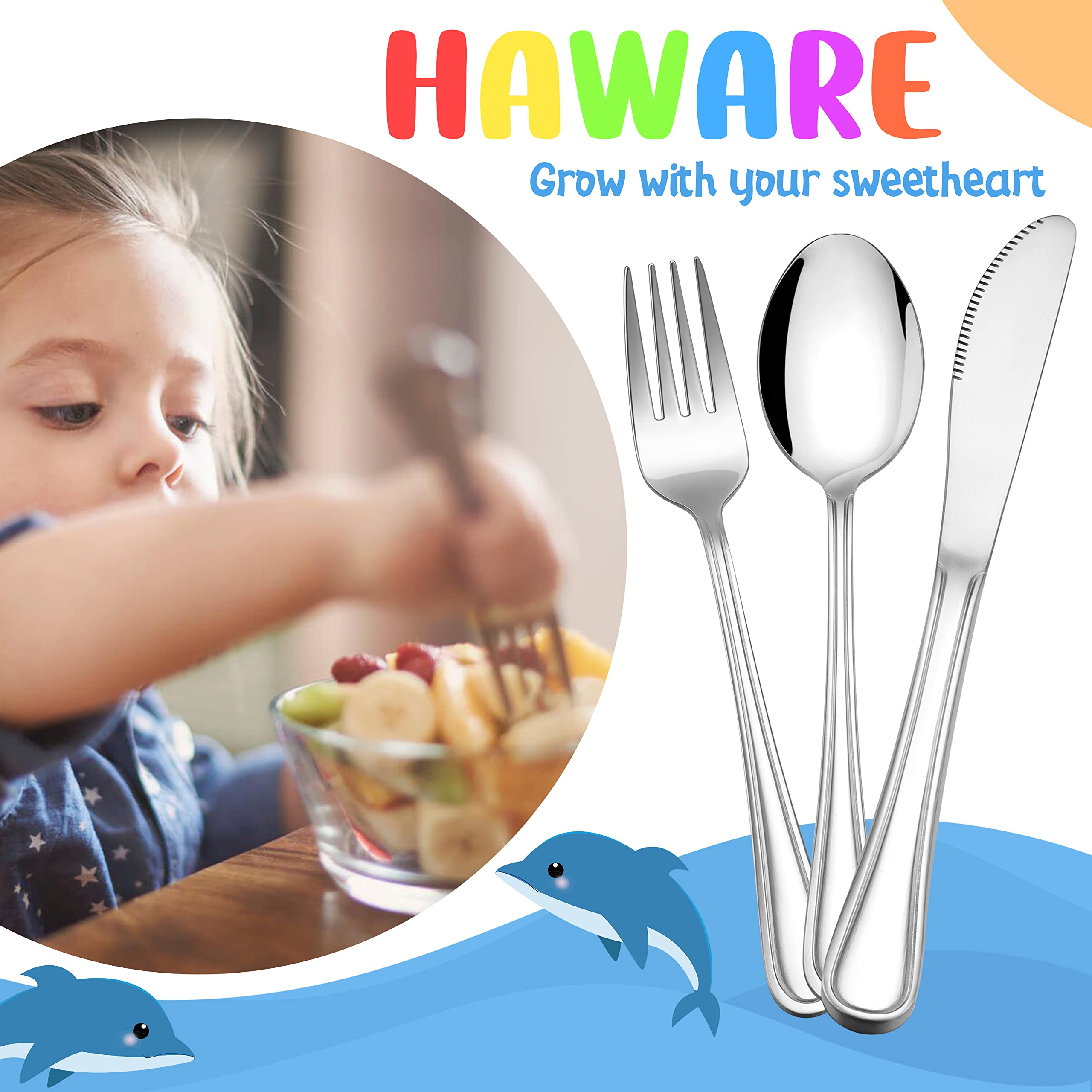 HaWare 12-Piece Stainless Steel Kids Silverware Set - Toddler Utensils with 4 Spoons, 4 Forks & 4 Knives - Durable Preschooler Flatware for Home, School & Travel - Mirror Finished Safe Cutlery for Children's Meals, Snacks & Parties
