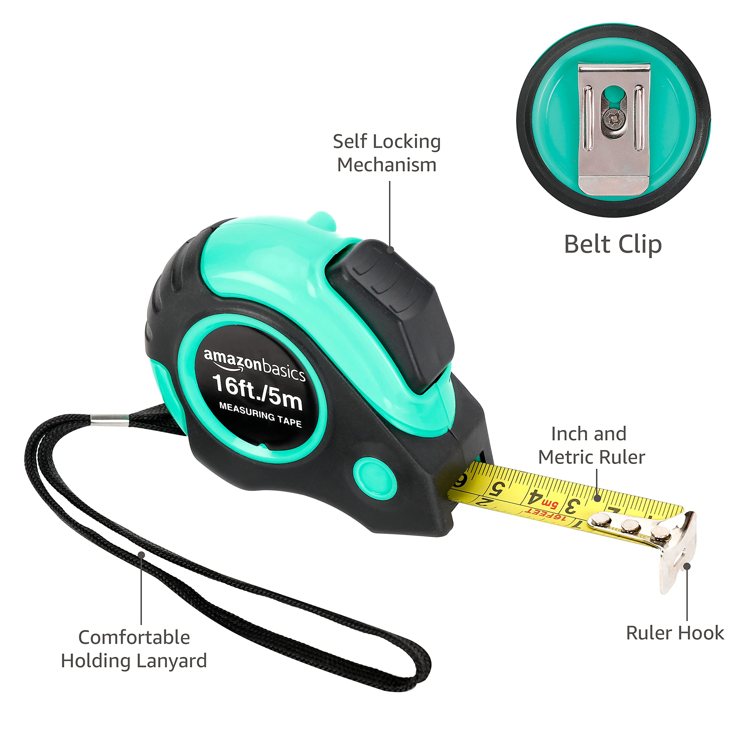 Amazon Basics 16 ft / 192 Inch Tape Measure with Easy-Read Markings - Turquoise Measuring Tool for DIY Projects, Construction, and Home Improvement