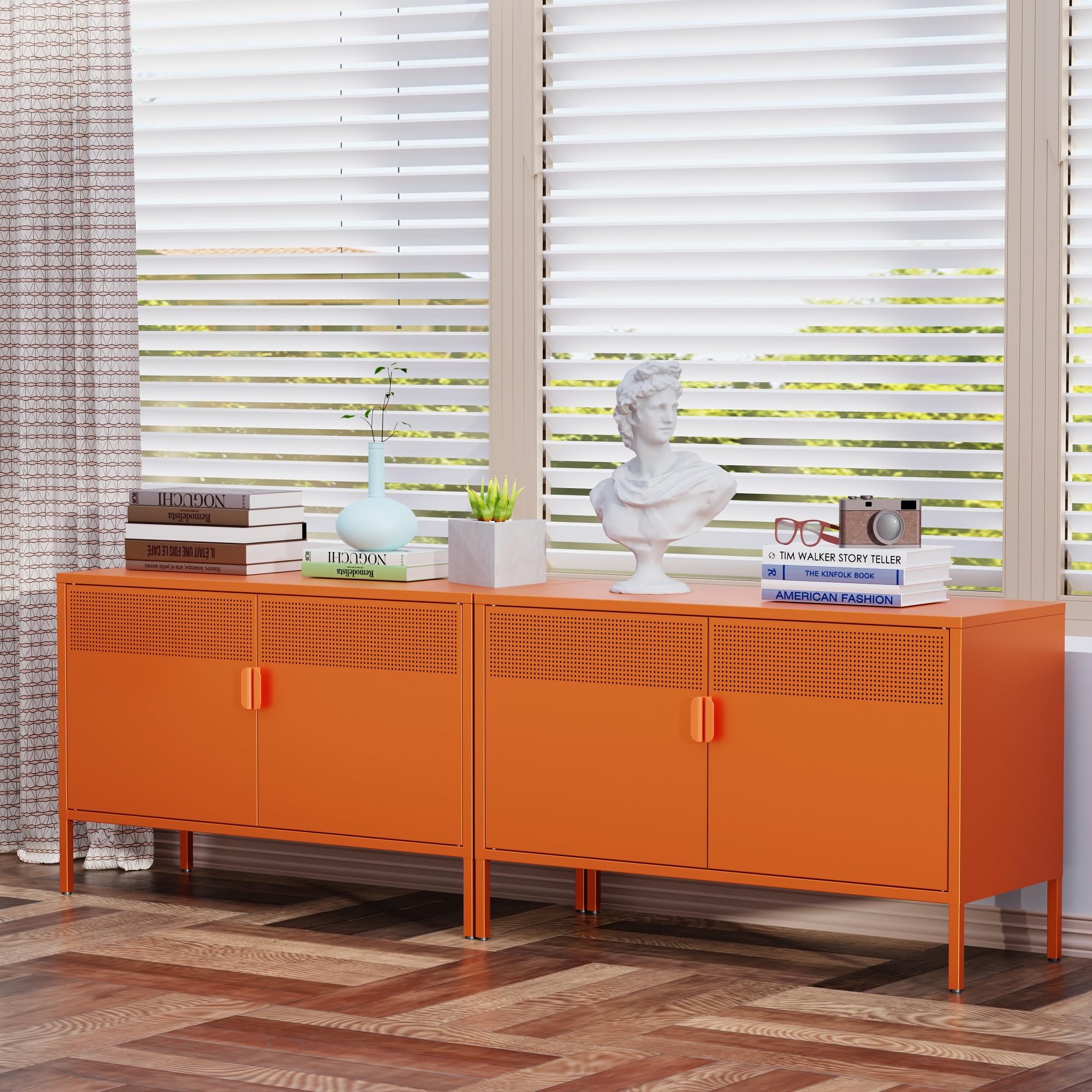 Orange Wide Metal Locker Storage Cabinet - 2 Door Industrial Style Cabinet for Home & Office Organization - 2 Tier Low Profile Metal Cabinet with Adjustable Shelf - Perfect as TV Stand, Entryway Storage or Dorm Room Furniture