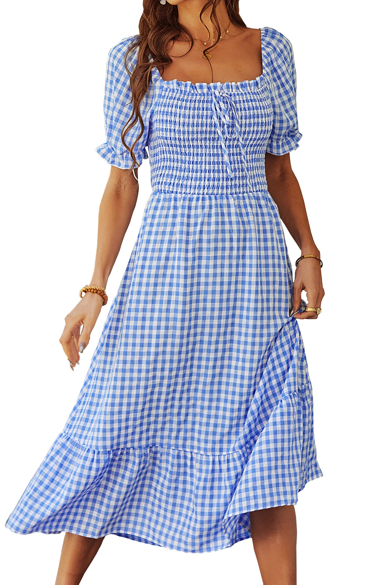 AOVDE Women's Summer Short Sleeve Square Neck Ruffled Midi Dress - High Waist Flowy Casual Elegant Party Dress for Beach, Wedding & Vacation Outfits