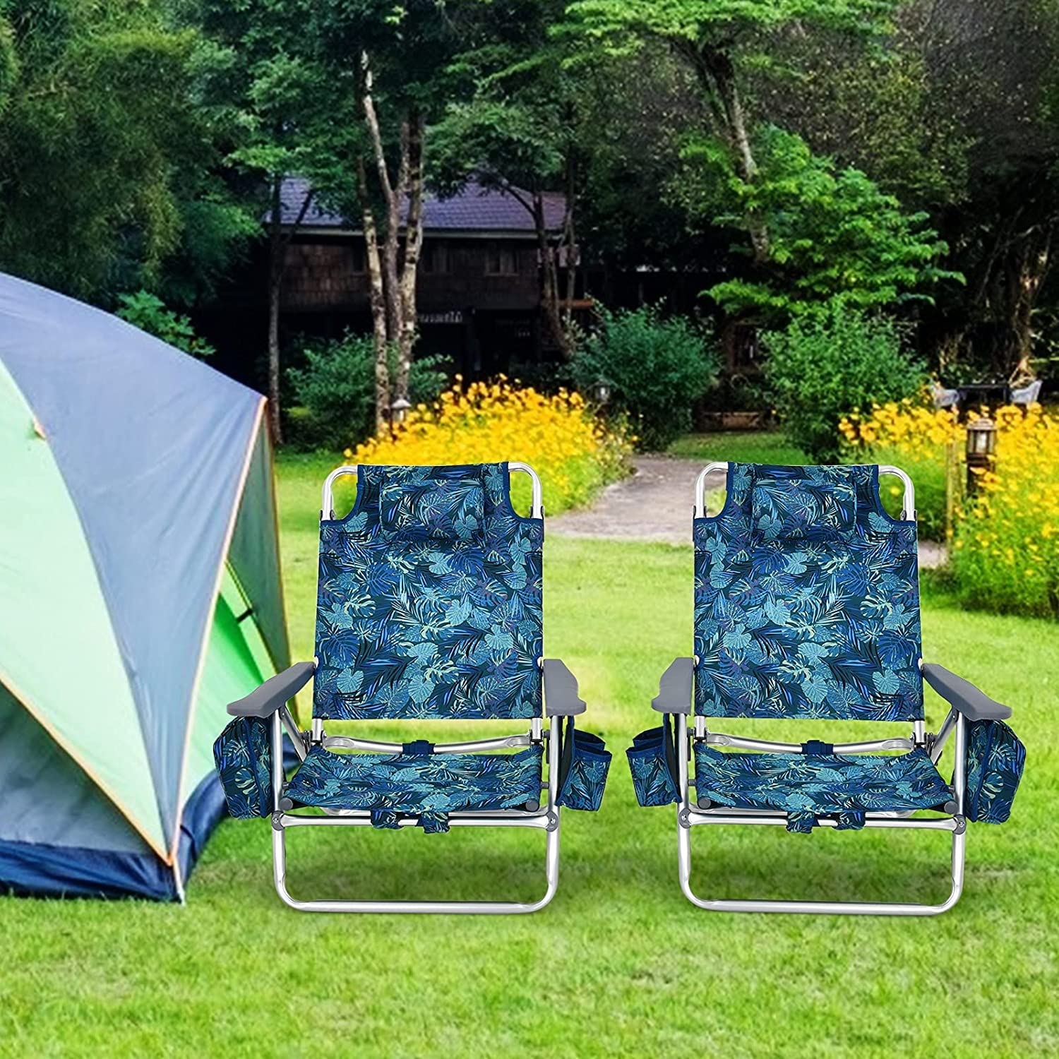 Goplus Folding Backpack Beach Chair for Adults - 5-Position Adjustable with Head Pillow, Cooler Bag, Towel Bar & Cup Holders - Portable Sunbathing Lounge Chair for Beach, Poolside, Camping & Outdoor Relaxation