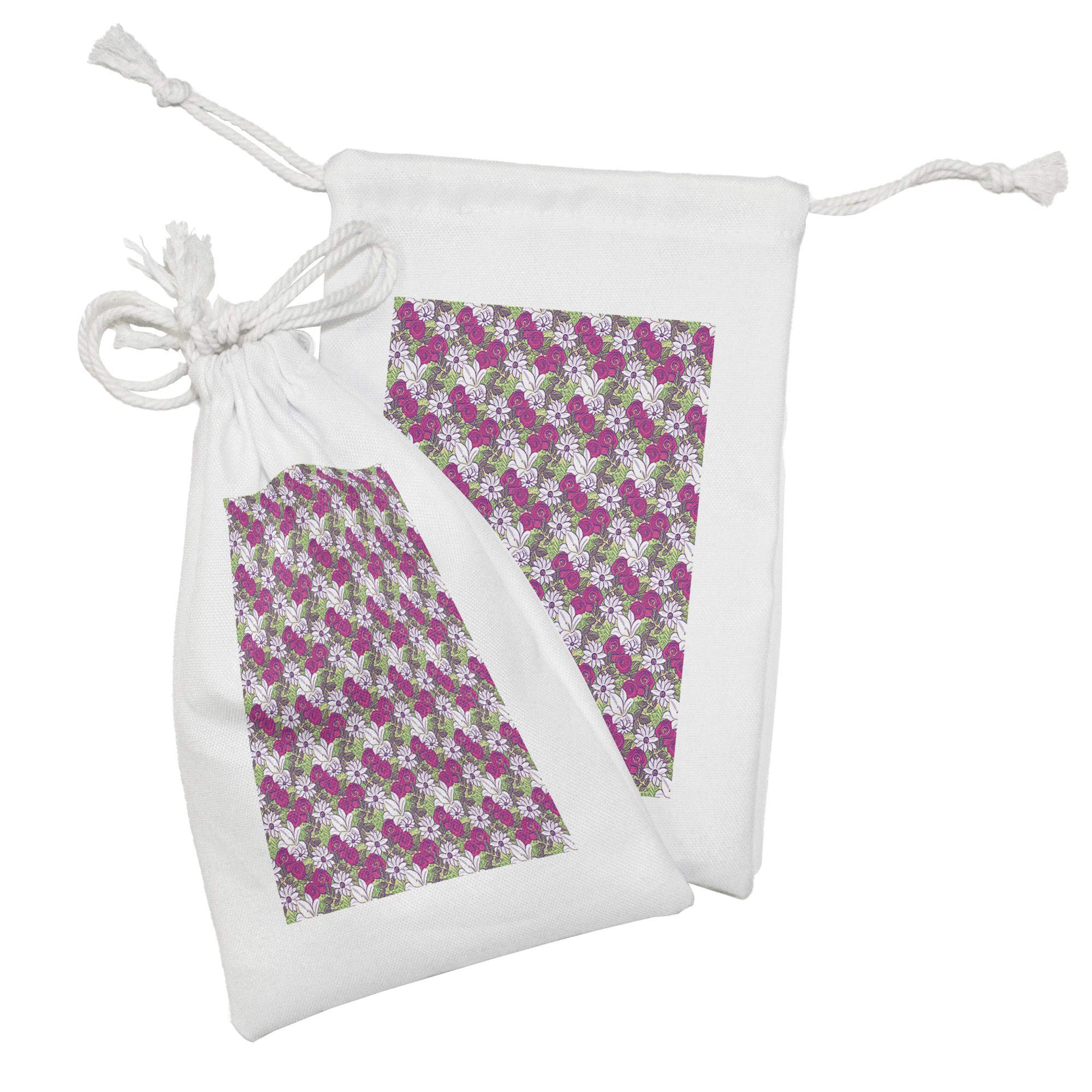 Ambesonne Floral Fabric Pouch Set of 2 - Bold Rose Lily Chamomile Drawstring Bags for Toiletries, Makeup, Jewelry & Travel Essentials (9