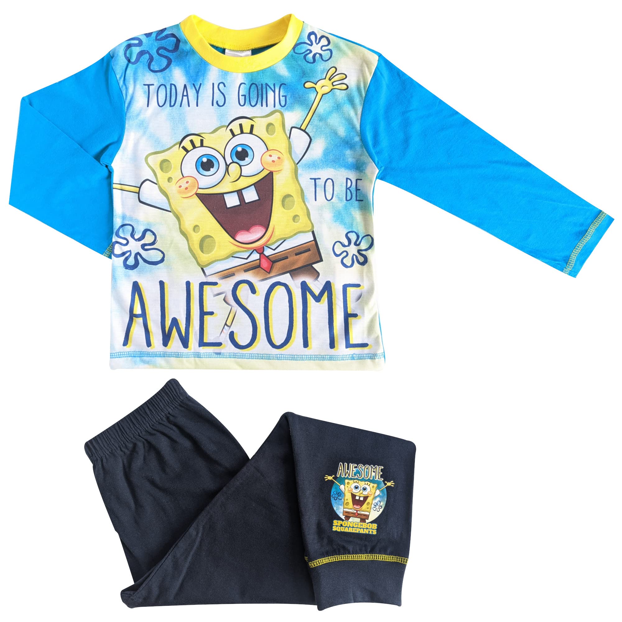 SpongeBob SquarePants Boys' Pajama Set - Long Sleeve Sleepwear for Kids Ages 4-10 - Soft Blue Cotton PJs for Bedtime & Lounge Wear