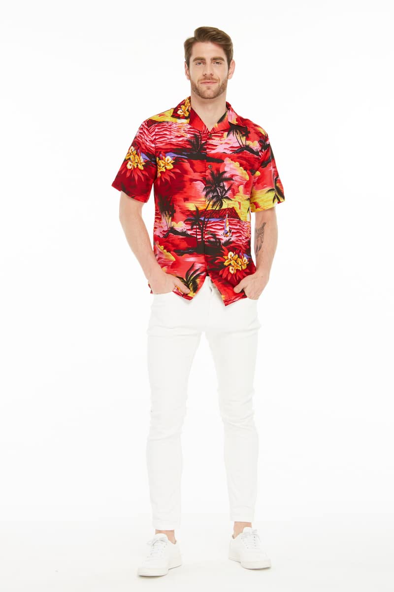 Hawaiian Luau Outfits for Family - Matching Tropical Shirts & Dresses for Men, Women, Boys & Girls in Sunset Red | Beach Party, Summer Vacation & Theme Party Wear