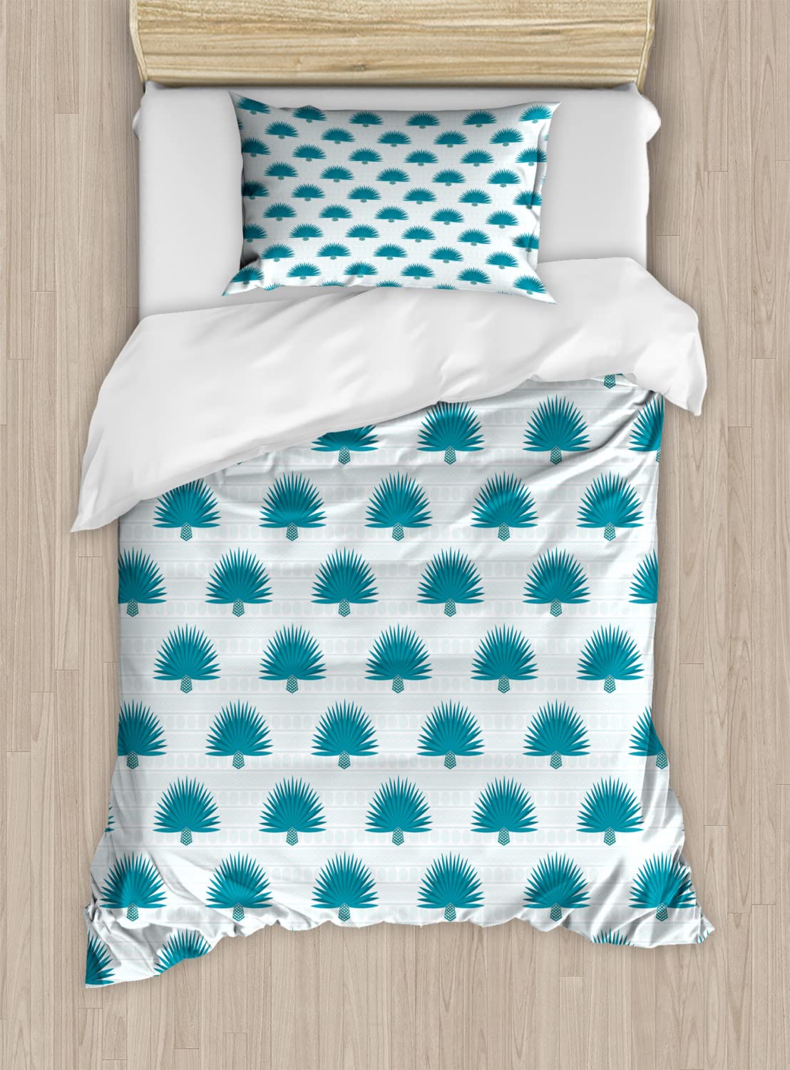 Ambesonne Tropical Duvet Cover Set - Exotic South American Plant Print on Geometric Background, 2-Piece King Size Bedding Set with 4 Pillowcases in Pale Blue Teal White | Perfect for Beach House, Boho Bedroom & Tropical Theme Decor