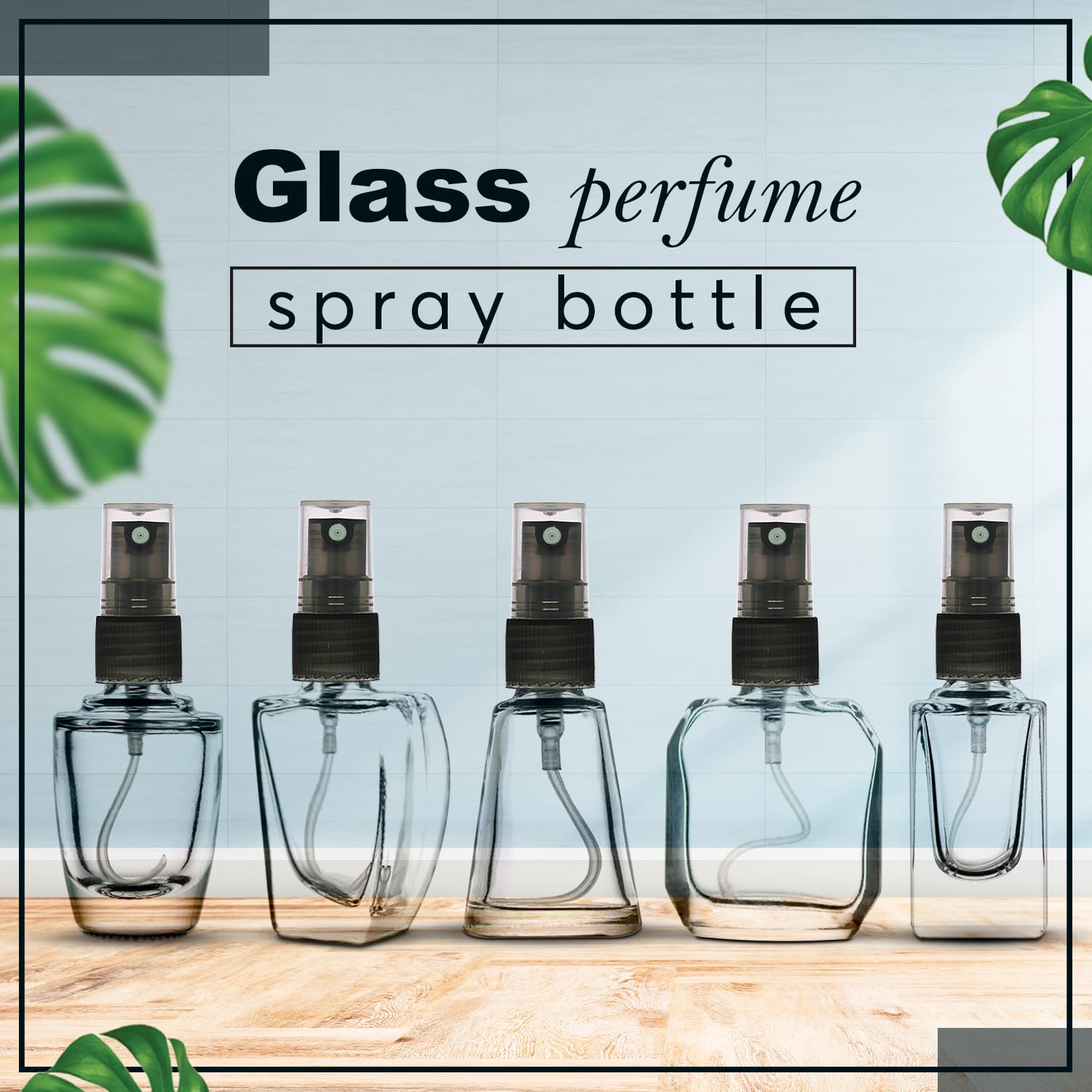 Refillable Glass Perfume Bottles with Black Spray Pump - 5pc Set for Essential Oils, Aromatic Water & Fragrance Blends | Assorted Shapes & Sizes | Perfect for DIY Perfume Making, Travel & Home Fragrance