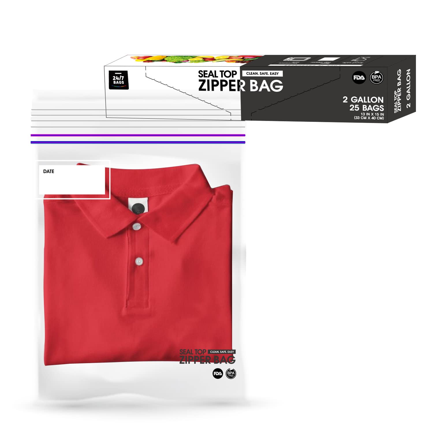 24/7 Bags - 25 Count, 2 Gallon Double Zipper Seal Food Storage Bags | Heavy Duty, Food Grade, Easy Open Tabs | Perfect for Meal Prep, Freezer Storage & Travel Snacks