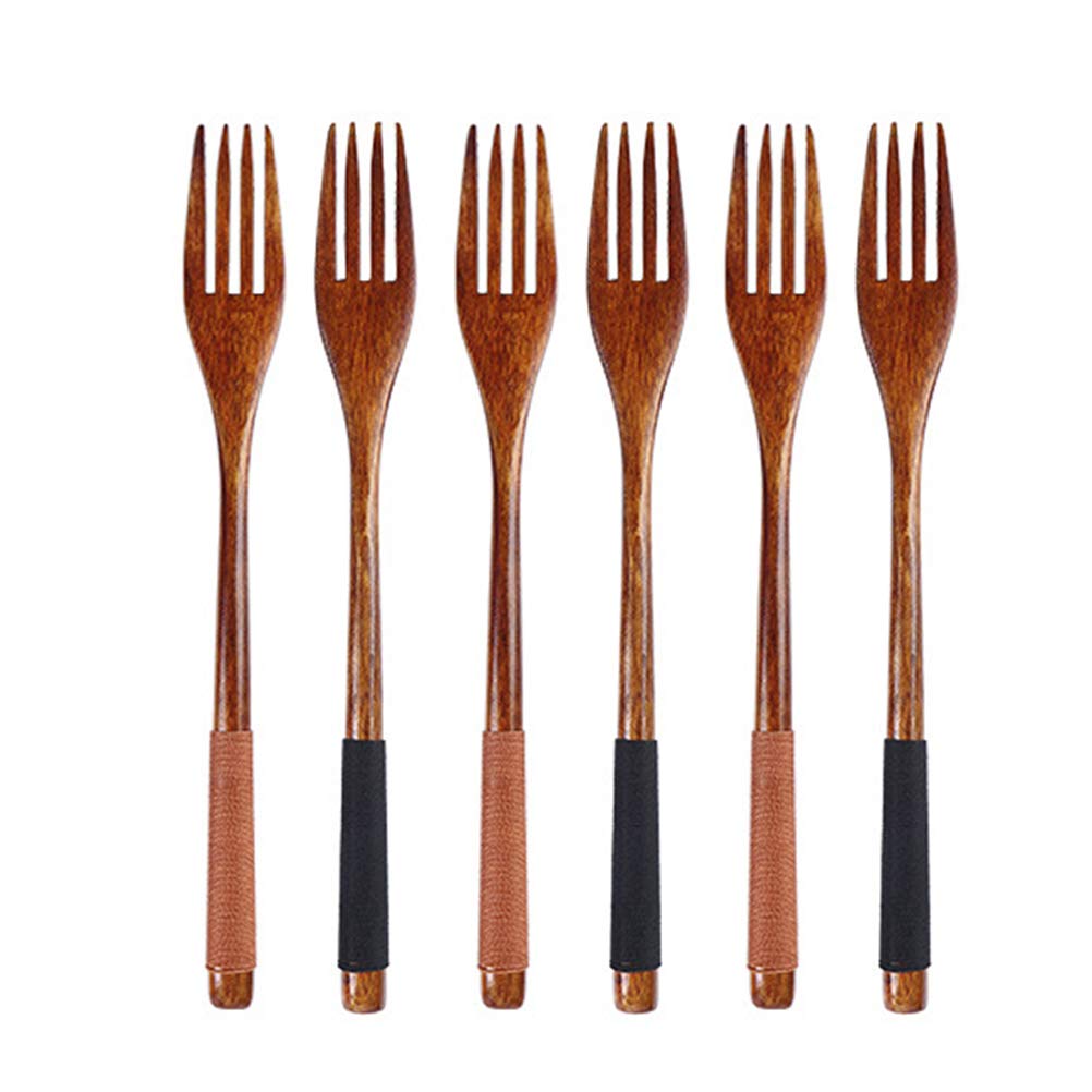 BESTONZON 6-Piece Wooden Japanese Style Forks Set - Natural Eco-Friendly Tableware for Kids & Adults - Perfect for Desserts, Chips, Snacks, Cereal, Salad, Fruit & Home Decor (Brown & Black Thread) - Ideal for Picnics, Parties & Stylish Table Settings