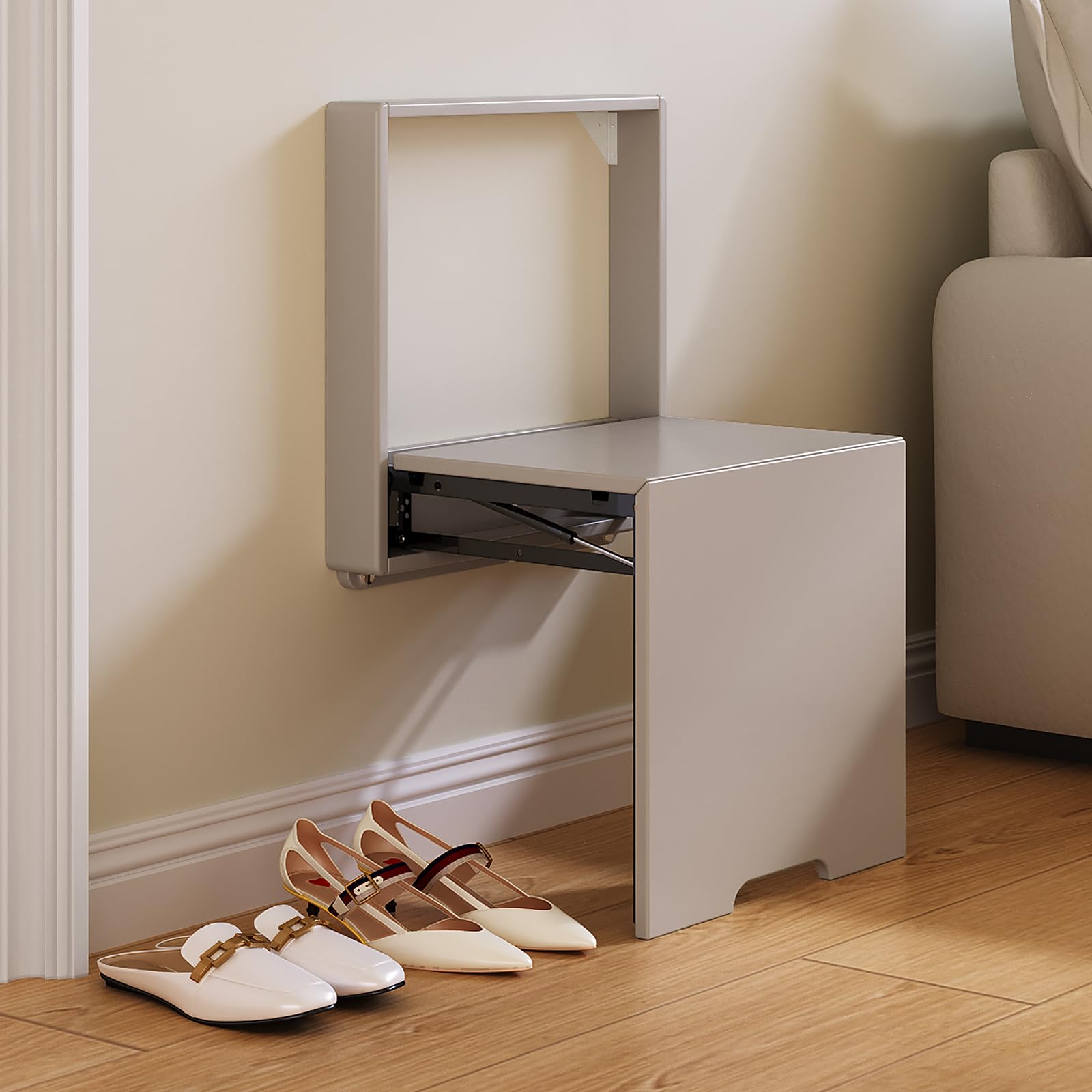 Space Saving Wall Mounted Shoe Changing Stool - Foldable Entryway Stool Chair in Tea Grey | Perfect for Small Hallways, Mudrooms & Closet Organization
