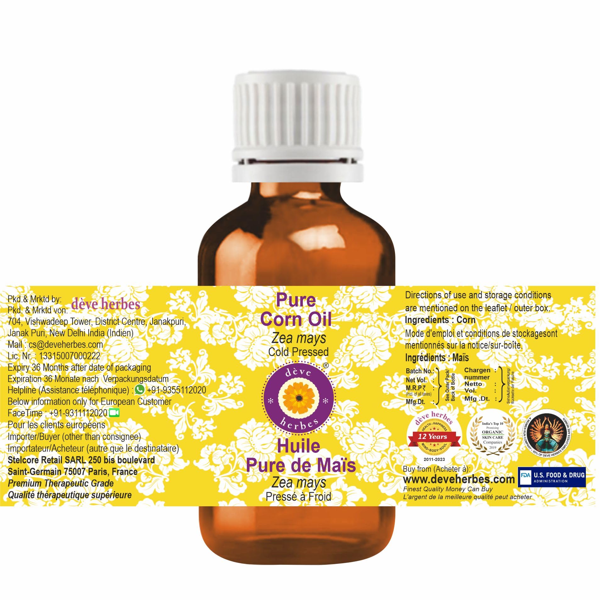 Deve Herbes Pure Corn Oil (Zea mays) - 100% Natural, Cold-Pressed, Therapeutic Grade - 100ml Bottle for Cooking, Skin Care & Aromatherapy