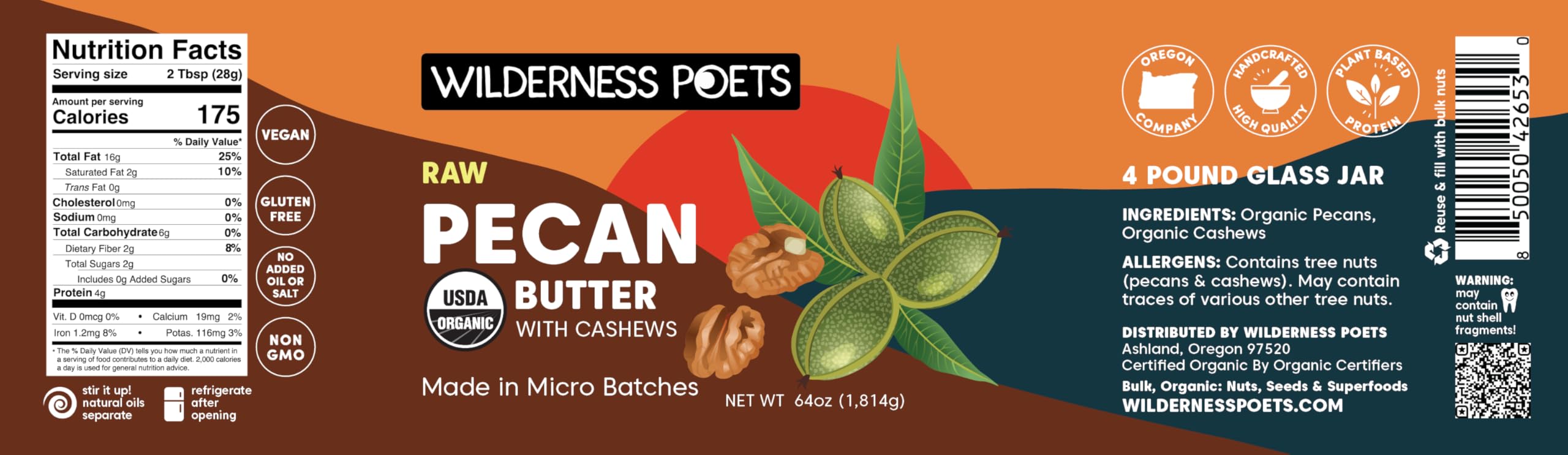 Organic Raw Pecan Butter in Bulk - 64oz (4lb) Half Gallon Glass Jar - Wilderness Poets - Perfect for Smoothies, Baking & Healthy Snacks