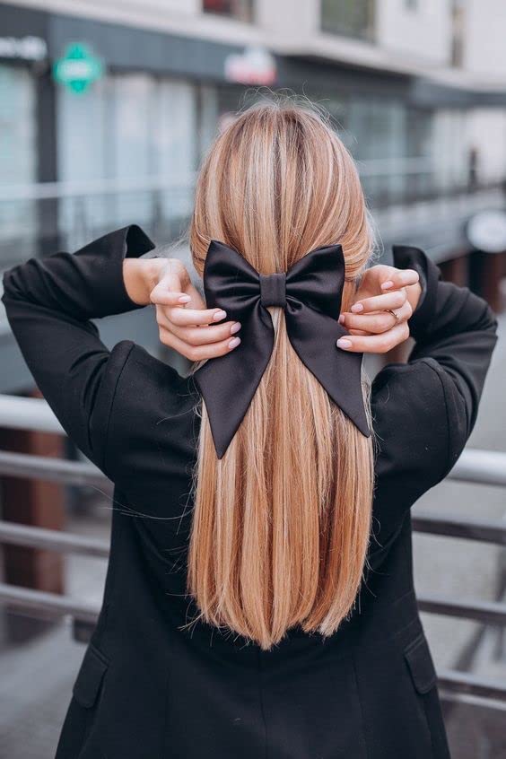 HOMEPIC Large Satin Hair Bows for Girls & Women - Elegant Silk-Style French Bow Hair Clips with Long Tail - Perfect for Parties, Weddings & Daily Styling (Black, Pack of 1)