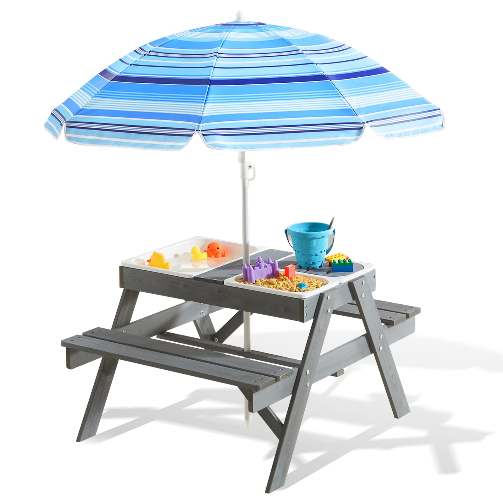 Beright 3-in-1 Adjustable Kids Picnic Table with Umbrella - Outdoor Wooden Sand & Water Sensory Play Table, Removable Tabletop & 3 Storage Bins - Perfect for Backyard, Patio, Park & Beach Playtime