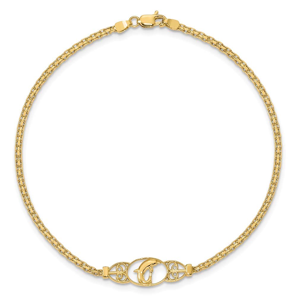 14K Yellow Gold Polished Dolphin Anklet - Elegant Adjustable Ankle Bracelet for Women, Perfect for Beach Vacation, Summer Outfits & Gift Giving
