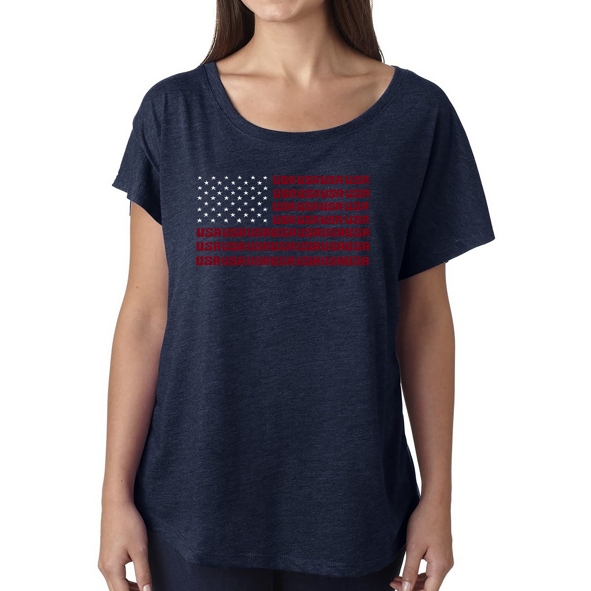 LA POP ART Women's Loose Fit Dolman Sleeve Graphic T-Shirt with USA Flag Print - Casual Wear, Patriotic Outfits & Festival Fashion