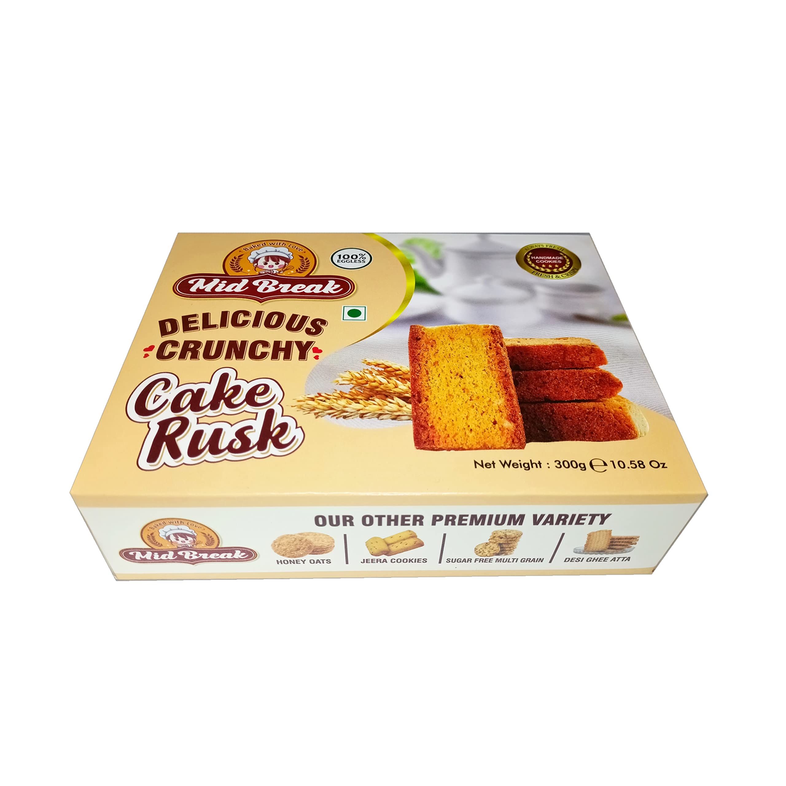 Premium Handmade Eggless Cake Rusks - Extra Soft & Delicious MidBreak Snack, 300g (Pack of 1) - Perfect for Tea Time, Breakfast or Gifting