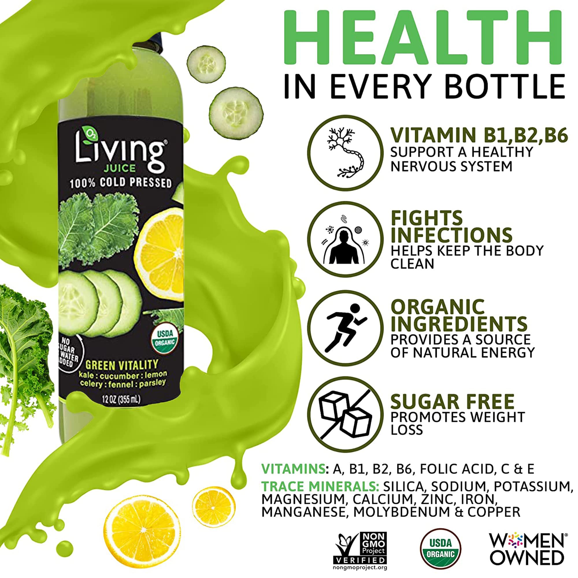 O2 Living Cold Pressed Organic Juice – Low-Calorie Detox Drink with 7 Vegetable Servings, Immunity Booster & Vitamin-Packed Fruity Beverage | Green Vitality 12-Pack (12oz) – Perfect for Post-Workout Recovery, Daily Wellness & Healthy Lifestyle