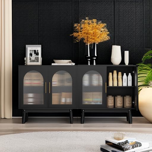 Modern Black Sideboard Buffet Cabinet with Glass Doors & Storage - Kitchen, Dining Room, Living Room Accent Furniture (Set of 2) | Perfect for Home Entryway, Hallway Organization & Stylish Display