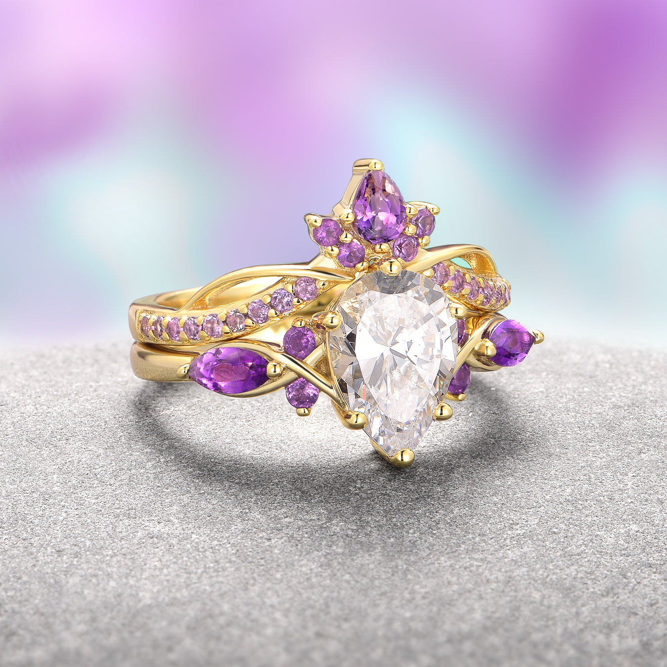 Feyra Lab Grown Diamond & Amethyst Ring Set in 14K Solid Yellow Gold - IGI Certified | Elegant Wedding, Anniversary & Gift Jewelry for Women