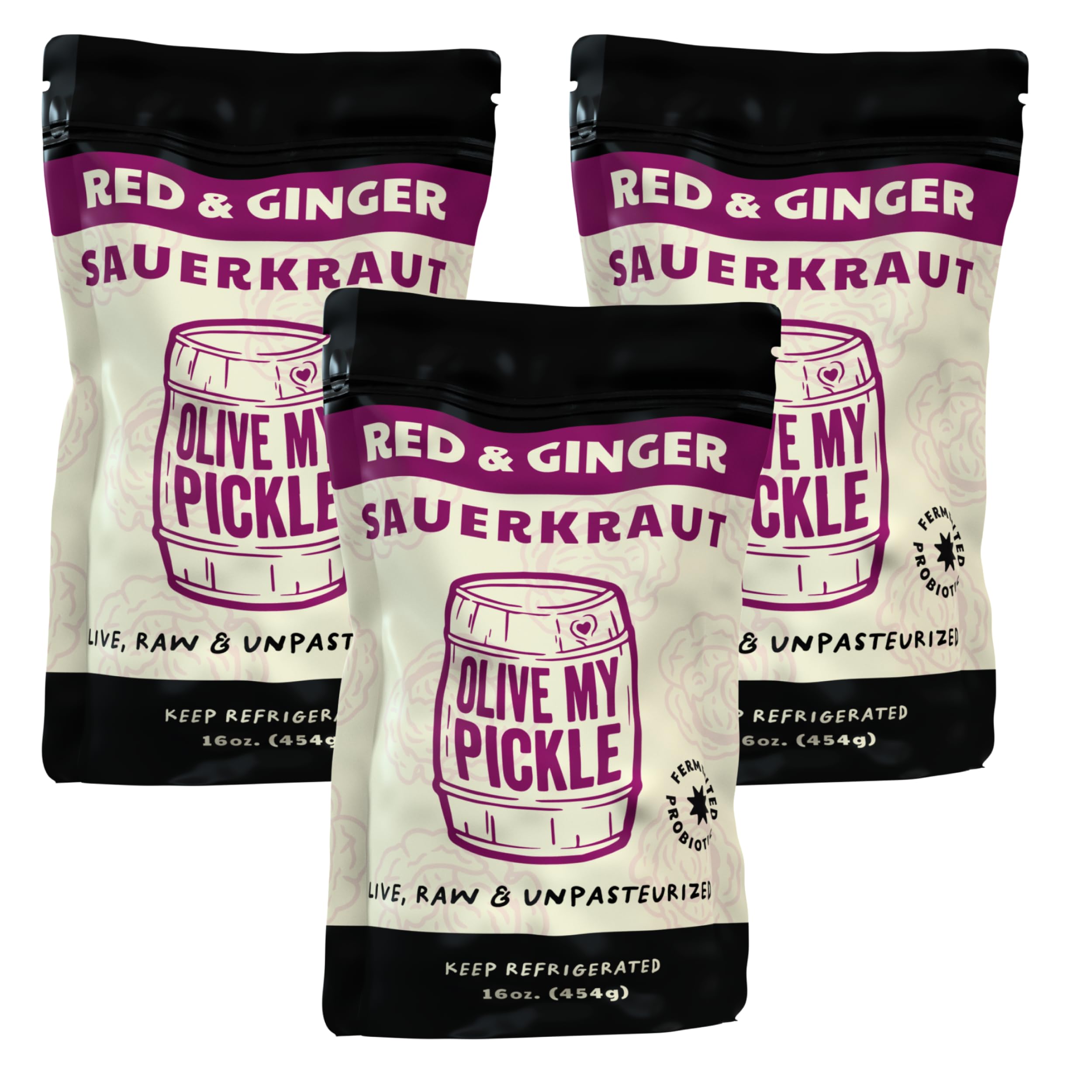 Fermented Sauerkraut 48oz - Probiotic Red & Ginger for Gut Health | Perfect for Sandwiches & Asian Dishes
