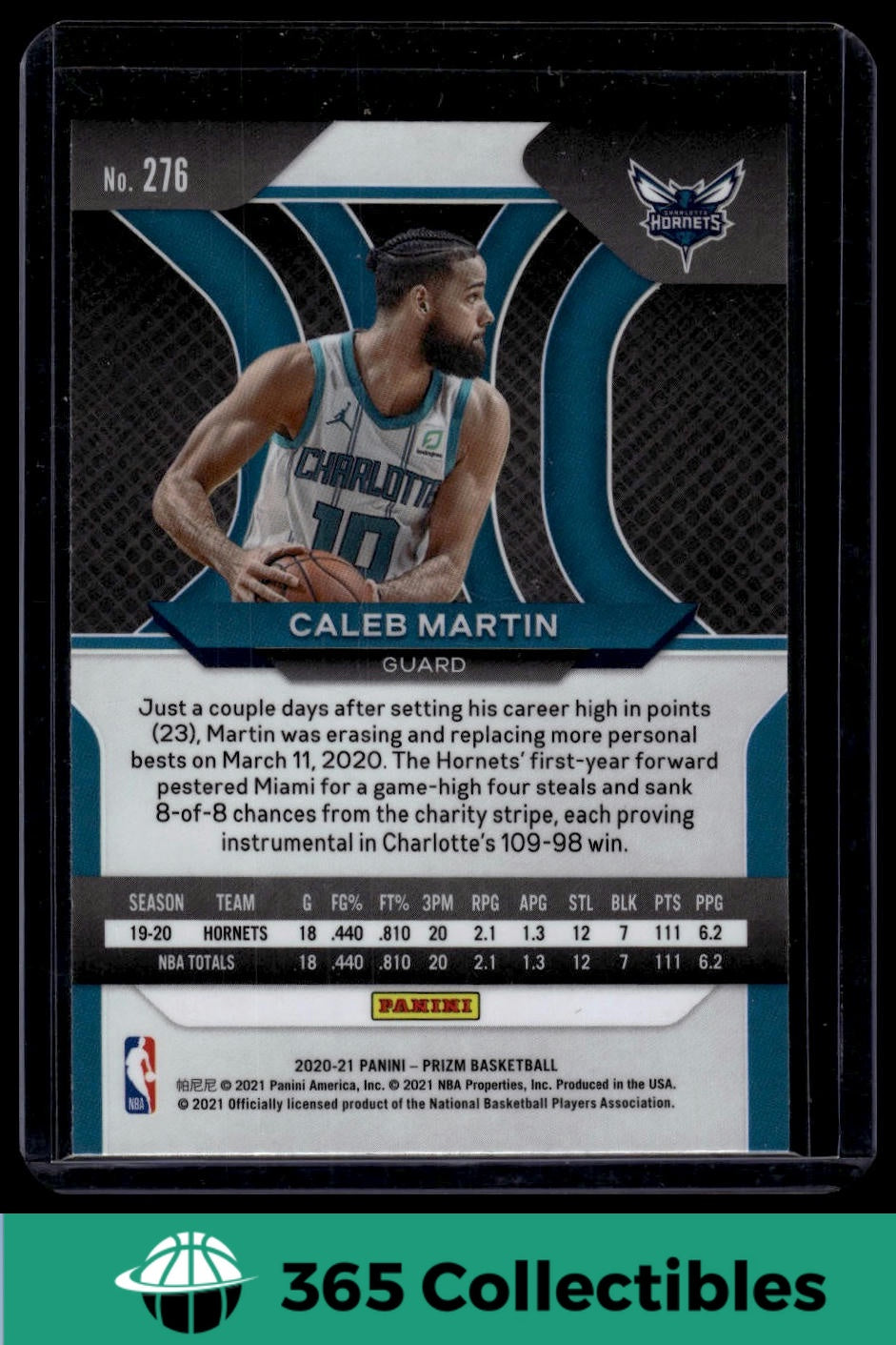 2020-21 Panini Prizm Caleb Martin #276 Charlotte Hornets NBA Basketball Trading Card - Perfect for Collectors, Fans, and Sports Memorabilia Enthusiasts